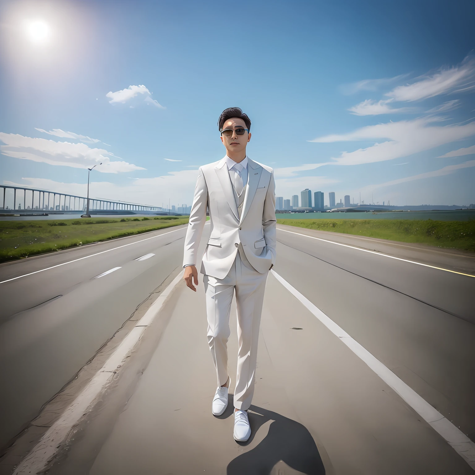 The man is dressed in a white suit,Stand on the dock,Slightly tilt your head and wear sunglasses to look at the sky。Wear white sneakers on your feet,Next to the view near the pier。 --auto
