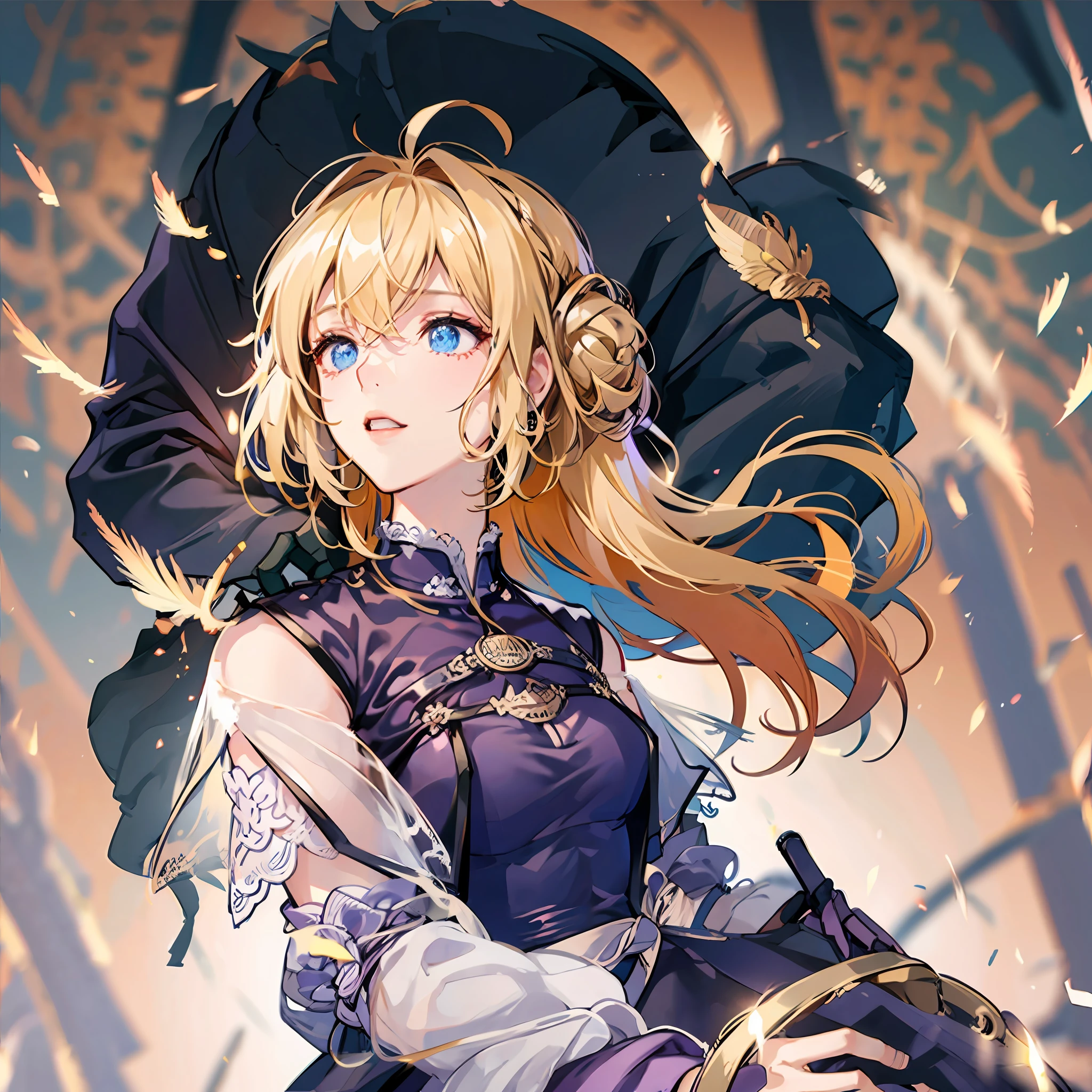 Blonde hair, ahoge, hime-cut, eBlue eyes, ahegao, Determined, surrealism, Depth of field, From below, Anime, Anime style, 8K, Super detail --auto