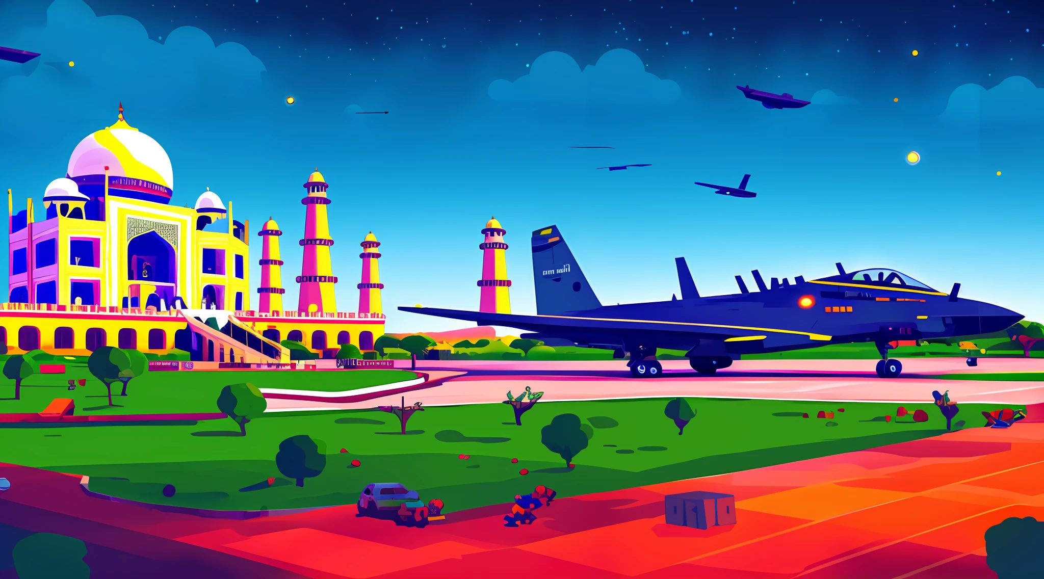 a Boeing stealth plane parked outside taj mahal, stars in the sky (Masterpiece: 1.2, HDR, 8k resolution, billions of pixels), vector art by Kurzgesagt (four artists), sharply focused, city, sci-fi,