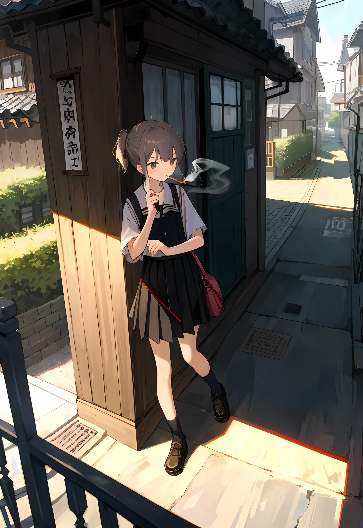On the street,Cool JK girl,Smoking against the railing,House view