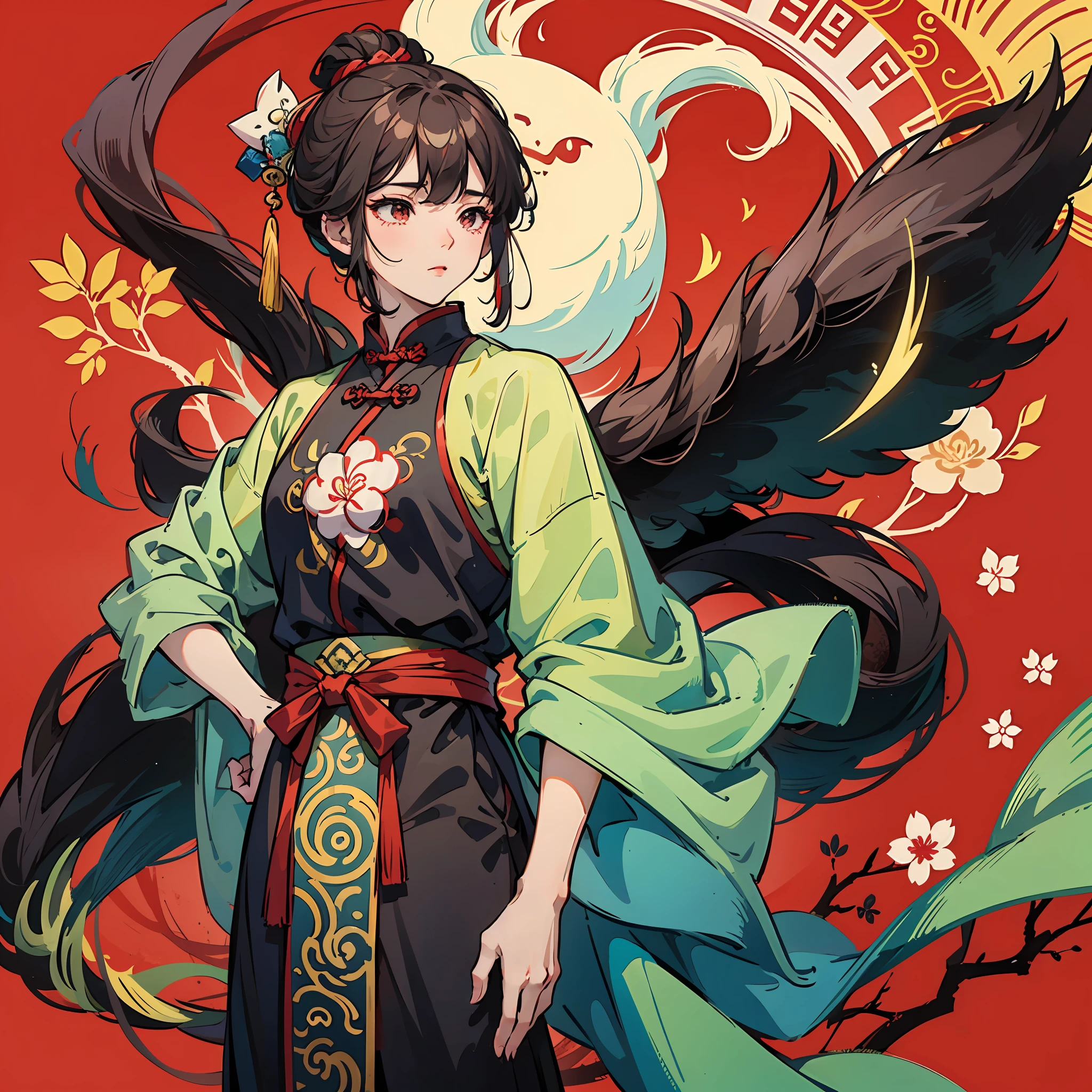 anime couple with chinese characters in red background with oriental writing, Middle Metaverse, inspired by Zhang Wo, Inspired by Seki Dosheng, Inspired by Song Maojin, inspired by Huang Gongwang, Chiba Yuda, inspired by Chen Daofu, inspired by Gong Xian, An anime cover ,sweet osmanthus,Hanfu,on cheongsam,Shawl --auto