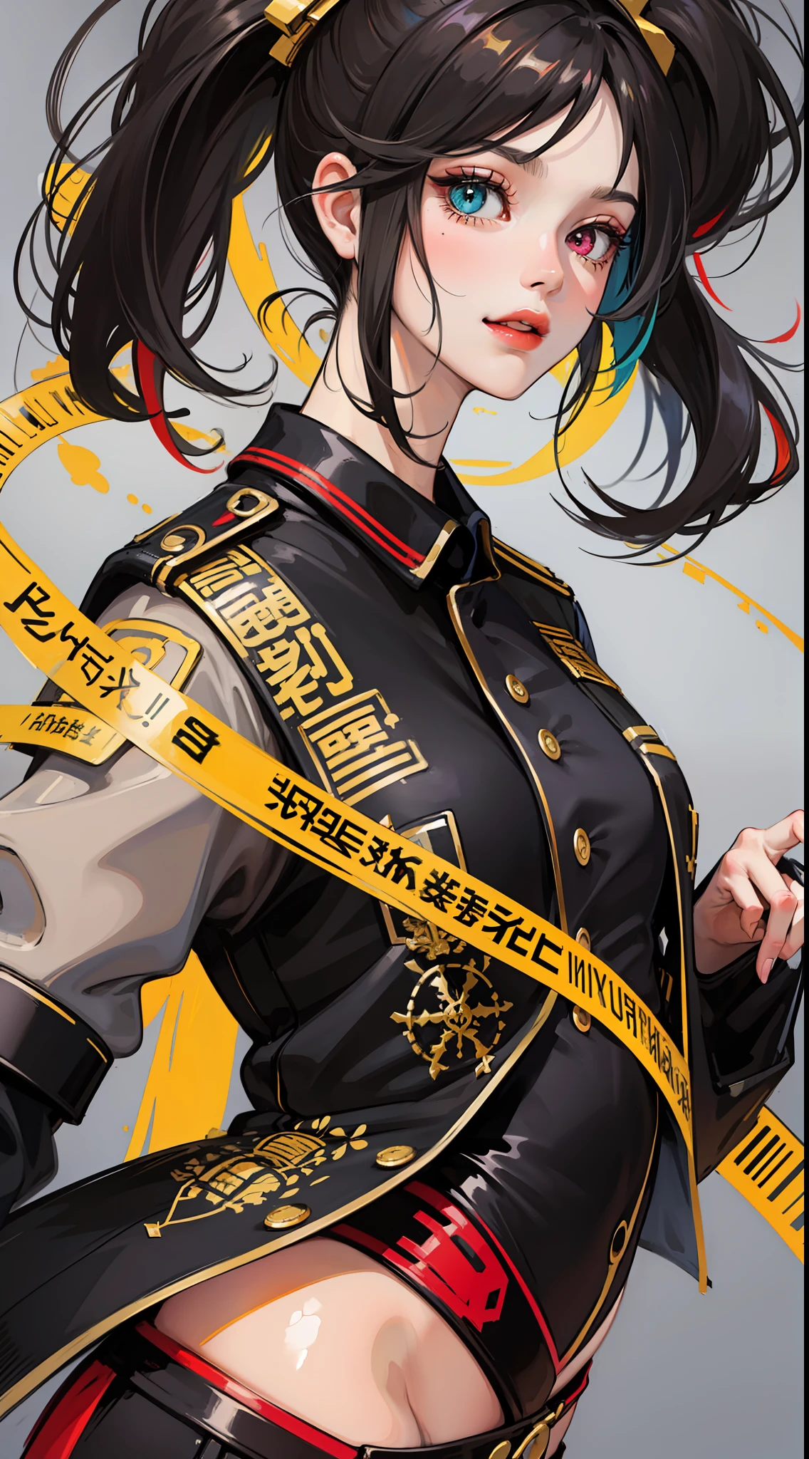 Adult woman, Long black hair, high ponytail, Heterochromia, The left eye is yellow, Right eye red, Combat uniform, ssmile, Masterpiece, hiquality