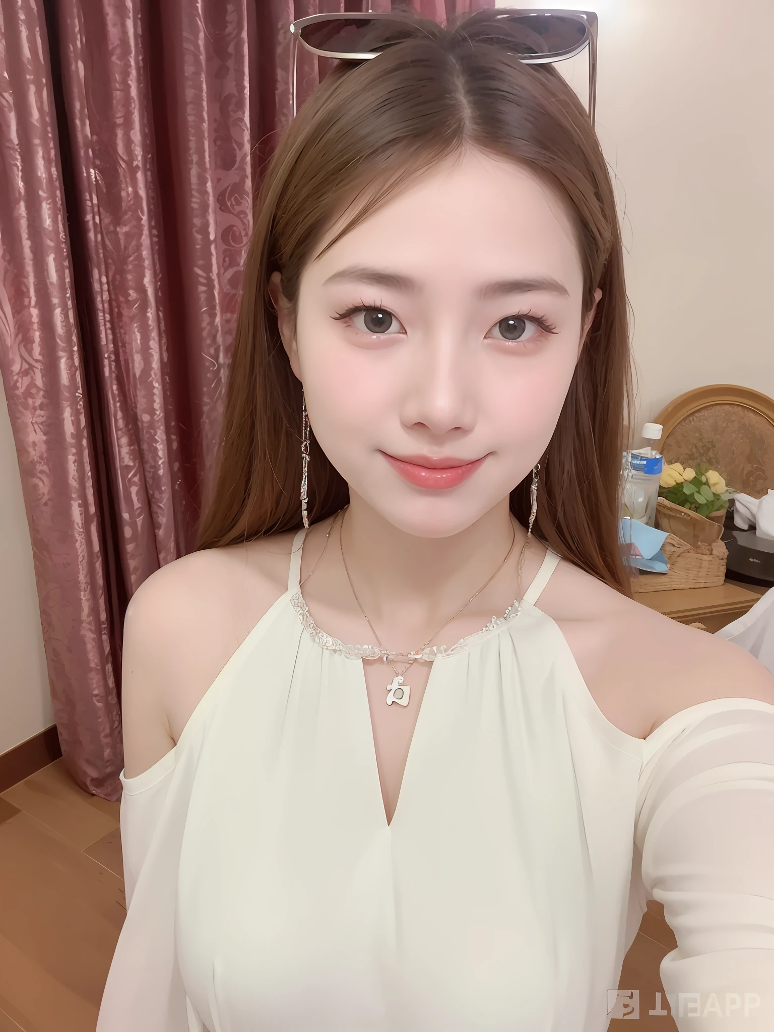 there is a woman that is posing for a picture in a room, 8k selfie photograph, Gorgeous young Korean woman, xintong chen, Beautiful young Korean woman, Milky white skin, beautiful Korean women, Choi Hyun-hwa, ulzzangs, young cute wan asian face, Korean girl, tzuyu from twice, young lovely Korean faces, jaeyeon nam