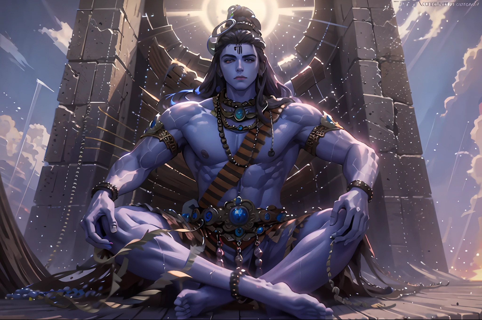 (highly detailed:1.3),jewelry,male focus,long hair,purple skin,muscular,sitting, ((blue eyes)),powerful pose, third eye, closed mouth,Ultra-detail,(highres:1.1),best quality,(masterpiece:1.3),cinematic lighting,outdoor,8k,sunlight,sun,((detailed face and eyes:1.3))