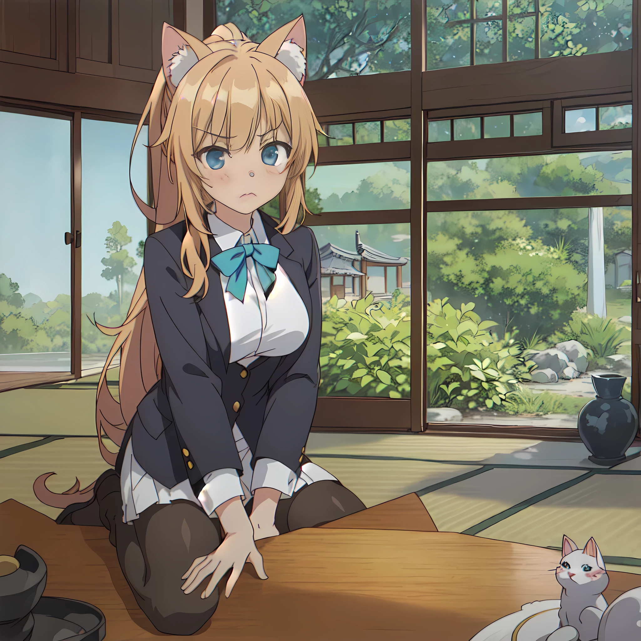 (Highly detailed CG Unity 8k wallpaper), (Best Quality), (Super Detail), (Best Illustration), (Best Shadow), POV, Realistic lighting and shading, Natural light, Lens flare effect, BREAK ,1 beautiful girl, Solo,(Cute:1.5),(Chibi:0.8), (kawaii:1.5),(Lori:0.5),BREAK ,Full body, girl, Solo, (((Colossal tits ))), ((feel sad、Teary-eyed))), ((Curve)), 1 girl, Brown hair, ((Cat ears,Ponytail, medium-Long hair:1.2)), aqua eyes, Solo,(puff up one's cheeks in anger:1.2), BREAK, Blazer, a bow tie, White shirt, Black miniskirt, Black pantyhose, School uniform), V-shaped eyebrows, BREAK,constellation,Dynamic Angle, Front view,viewer looking,traditional Japanese room, vases, plant, flower pots, Indoors, sliding paper doors, potted plant, Tatami mats, sscroll, teapot on the table, East Asian Architecture, door, architecture, kettle