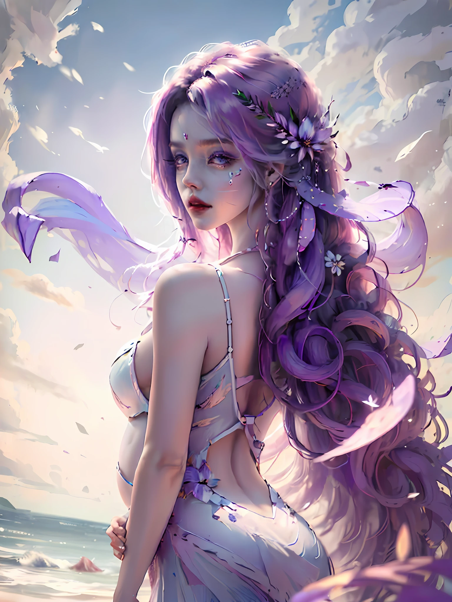 A high resolution、8K,high qulity、downy、Bright,The picture quality is clear,Contains a lot of detail,The colors are bright and dynamic,The whole picture seems to stand still,Purple colored hair,eBlue eyes,high light,white skinned,Tall and tall,Beautiful appearance,prengant,Big belly --auto