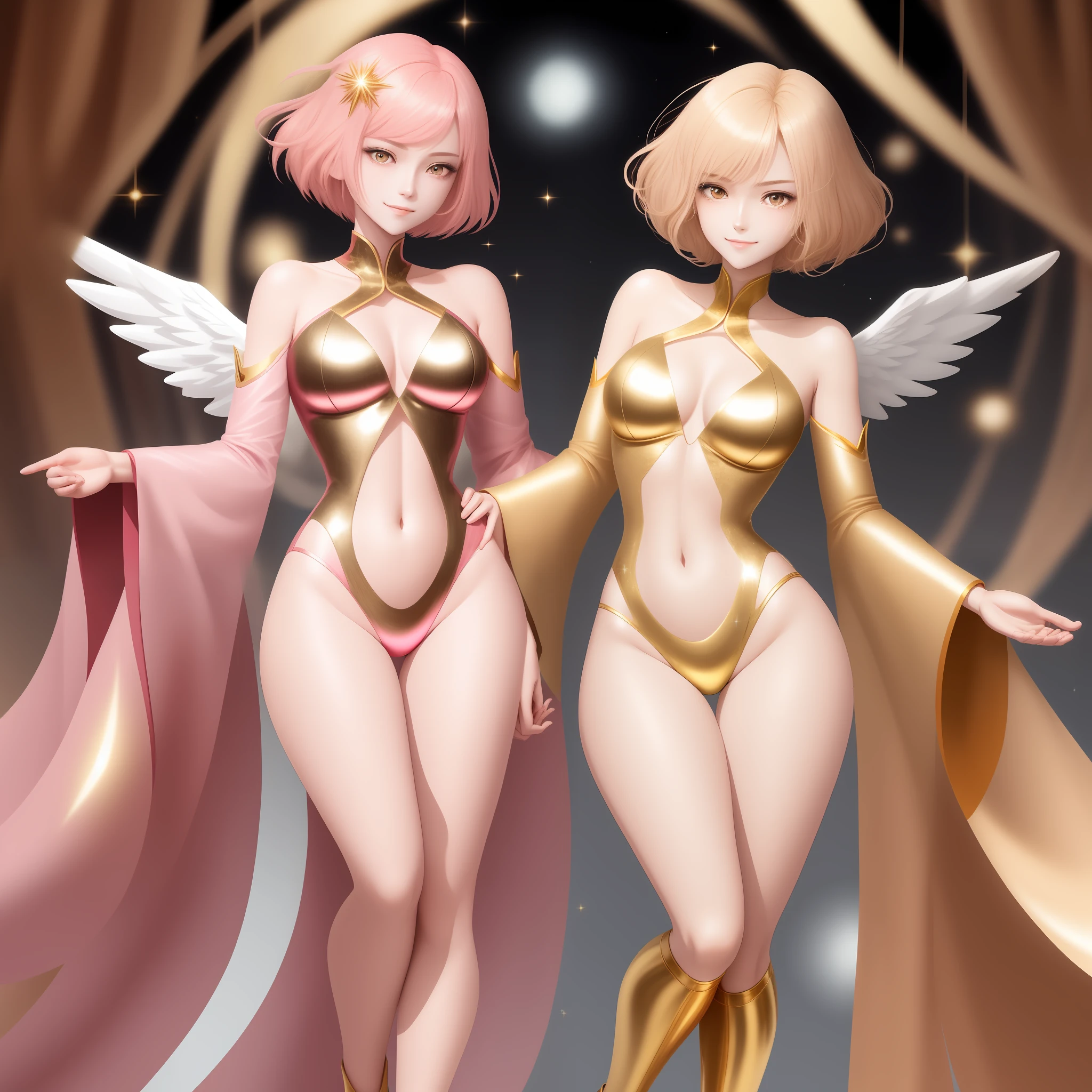 Short pink and blond hair,Pink and gold eyes,Highest quality work,Textured skin,The face is delicate and sexy,Need,The legs are in an inner figure,perfect bodies,is shy,ssmile,Pure eyes,Full of commotion,Japanese-style angel face,Glitter skin,Wearing transparent gold silk 2D anime characters,The background is blurred out,