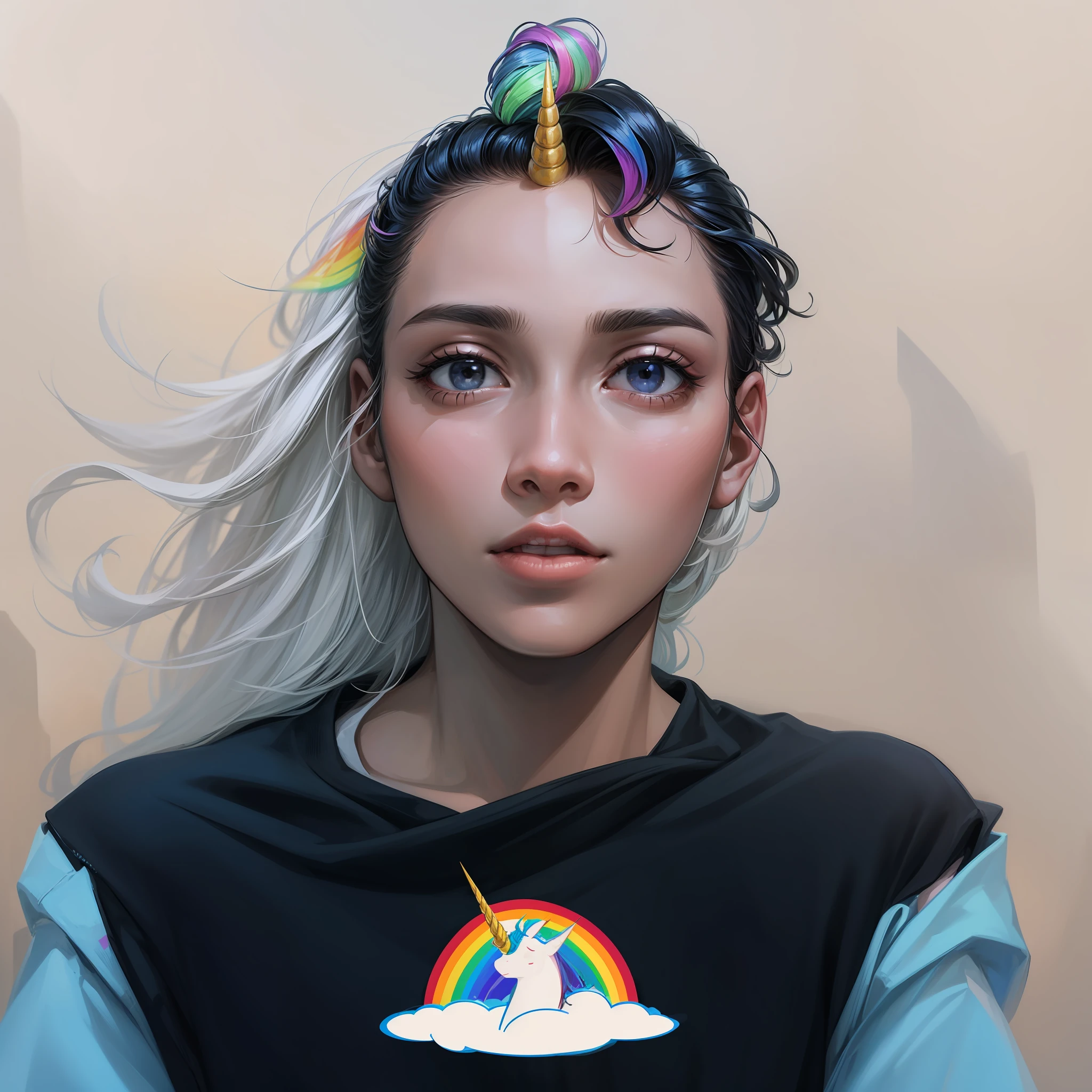 arafed man with a rainbow on his head, a unicorn on his shirt, very accurate photo, 🚀🌈🤩, album art, ☁🌪🌙👩🏾, patron saint of 🛸🌈👩🏾, very very high quality picture, profile picture, profile picture 1024px
