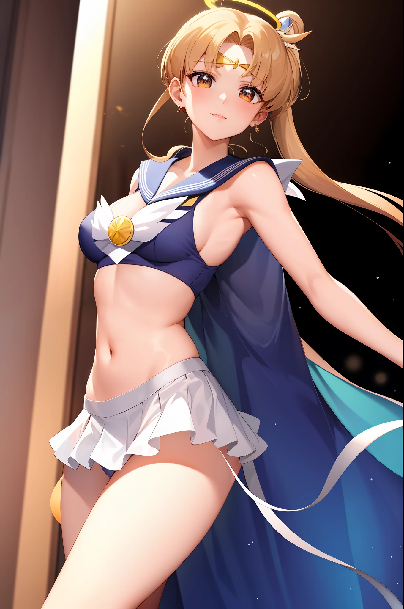 high-level image quality、rialistic photo、Beautiful facial features、beautiful thigh、Ultra mini skirt、sailorvenus、poneyTail、a close up of a woman in a costume posing for a picture, White panty、Anime girl cosplay, Sailor Moon Style, Anime Cosplay, Beautiful armpits、Beautiful navel、Sailor Moon!! Beautiful, cosplay foto, publicity cosplay, Cosplay, Ayaka Cosplay, Orange halo around her head, Inspired by Yang J