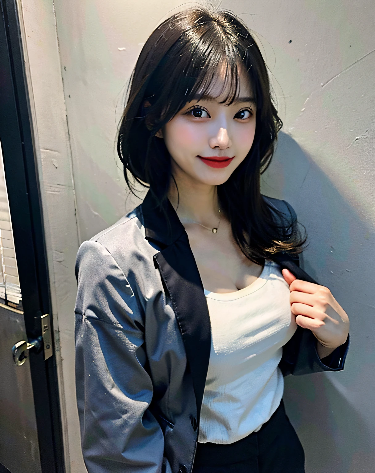 (top-quality:1.4)、8K、hard disk、ultraclear、女の子1人、(large full breasts:1.2)、Black-haired、(Heart-shaped pupil 1)、(Tongue out:1.2)、Bijo:1.3、short-cut、(weeping:1.3)、cleavage、crotch grab、in the darkness nigth、deep-shadows、A smile、Bust、Slim Fit Pants,gray tailored jacket,Office,Upper body、opening legs、thighs thighs thighs thighs