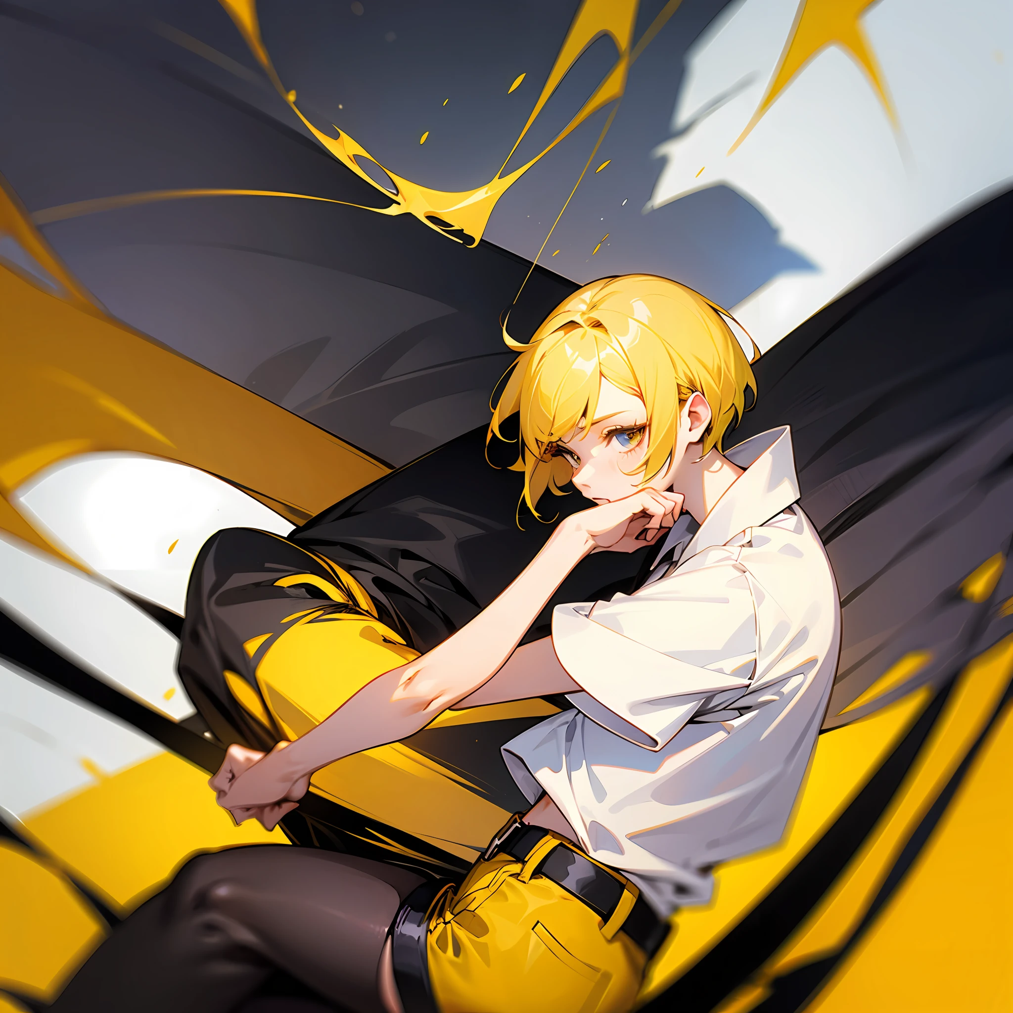 Yellow-haired,short detailed hair,white shirt,Black shorts --auto