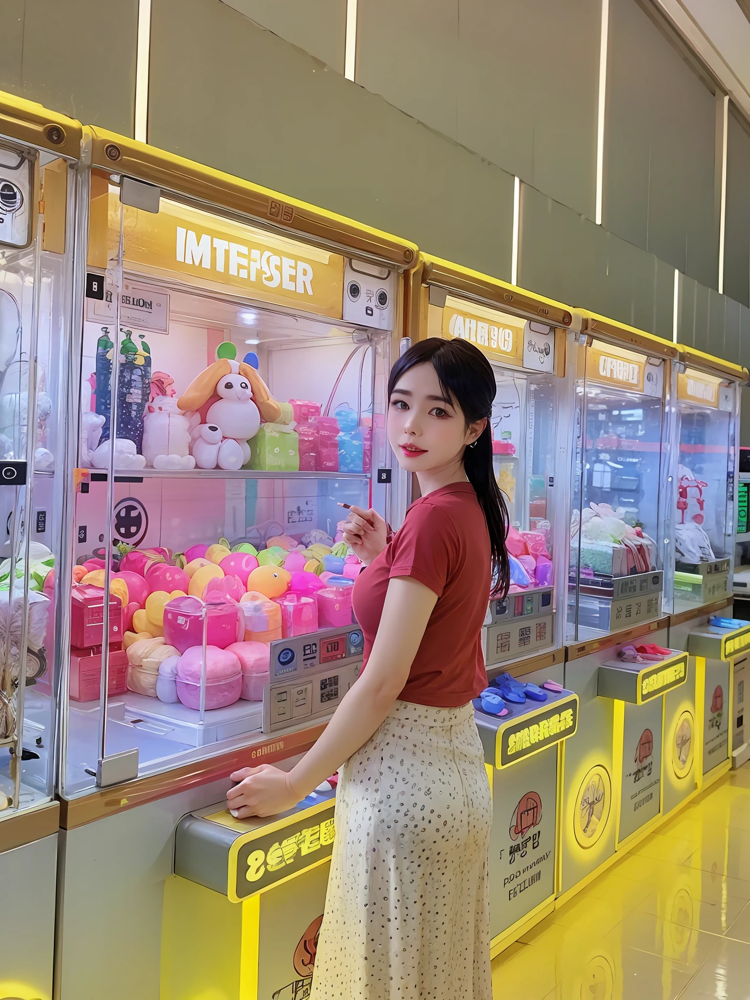 There was a woman standing in front of a vending machine, the woman holds more toys, trending at cgstation, Shot on Canon EOS R 6, 🕹️ 😎 🔫 🤖 🚬, in a mall, joytoy, taken in 2 0 2 0, Uptrend ,, appearing in a shopping mall, shaxi, Taoist, in mall, author:Master of Han Chinese