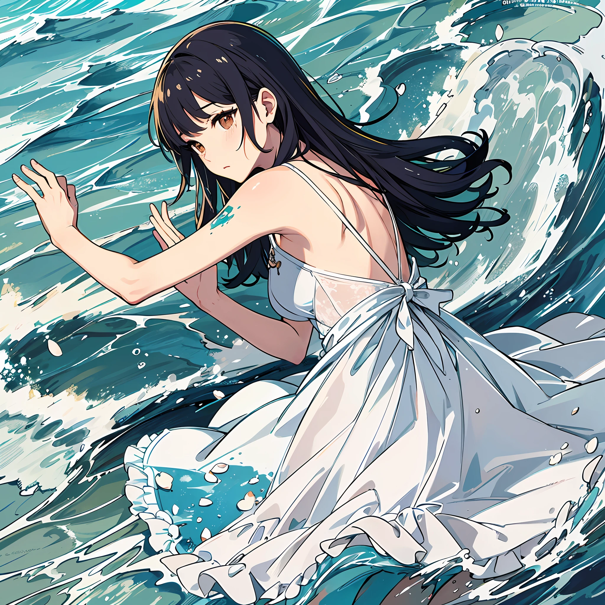 High quality details、High- sharpness、Beautiful dress、Dress with open back、Small fresh painting style、Colorful details、Natural light and shadow，The ebb tide of the waves produces a faint smell of sea salt，is shy，Expression is natural and simple.Facing the audience