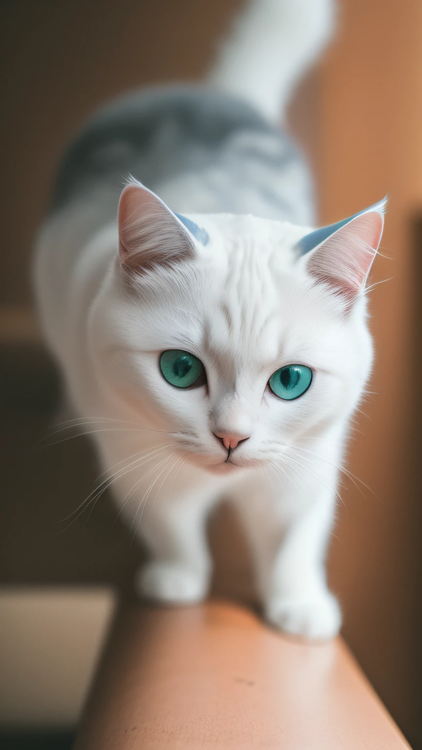 A white cat stands on a human arm，Close up portrait of a white cat，Under bright and soft light，The details are clear，Cute doting eyes，elegant standing posture，The photos present a fantastic feeling，People can't help but feel nostalgic。