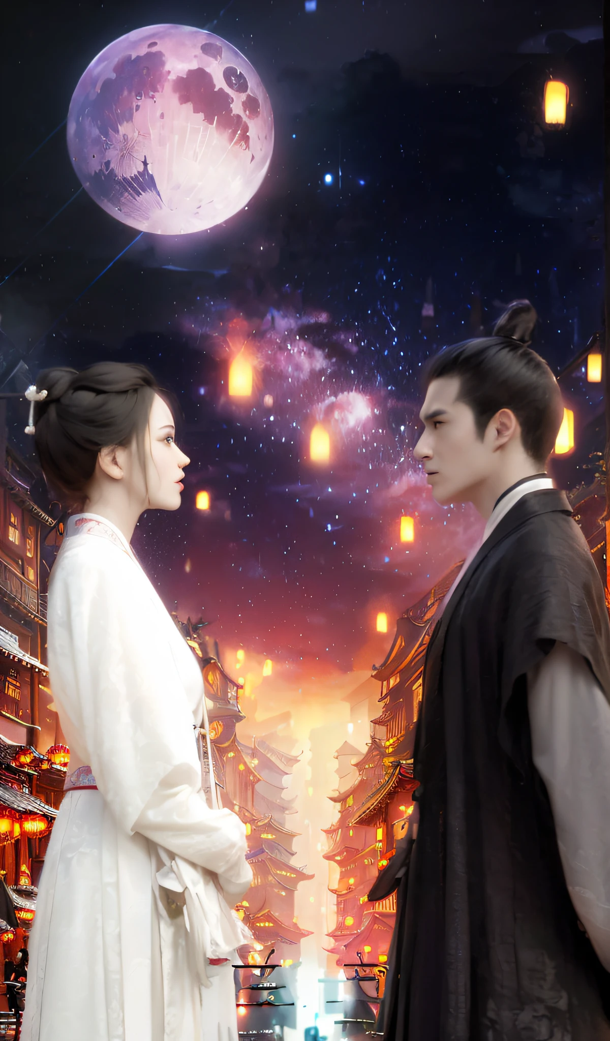 ancient Chinese traditional clothing，Exotic architecture，Night sky lanterns shine，Dark scene。A man and a woman face off，Gorgeous special effects，Grandiose spectacle。Depicting the whole Chinese fantasy，Fascinating。（Canyon Street，Lantern moon star，filmposter，Martial arts live-action stills，Hanfu，fantasy movie，Tang Hanfu）