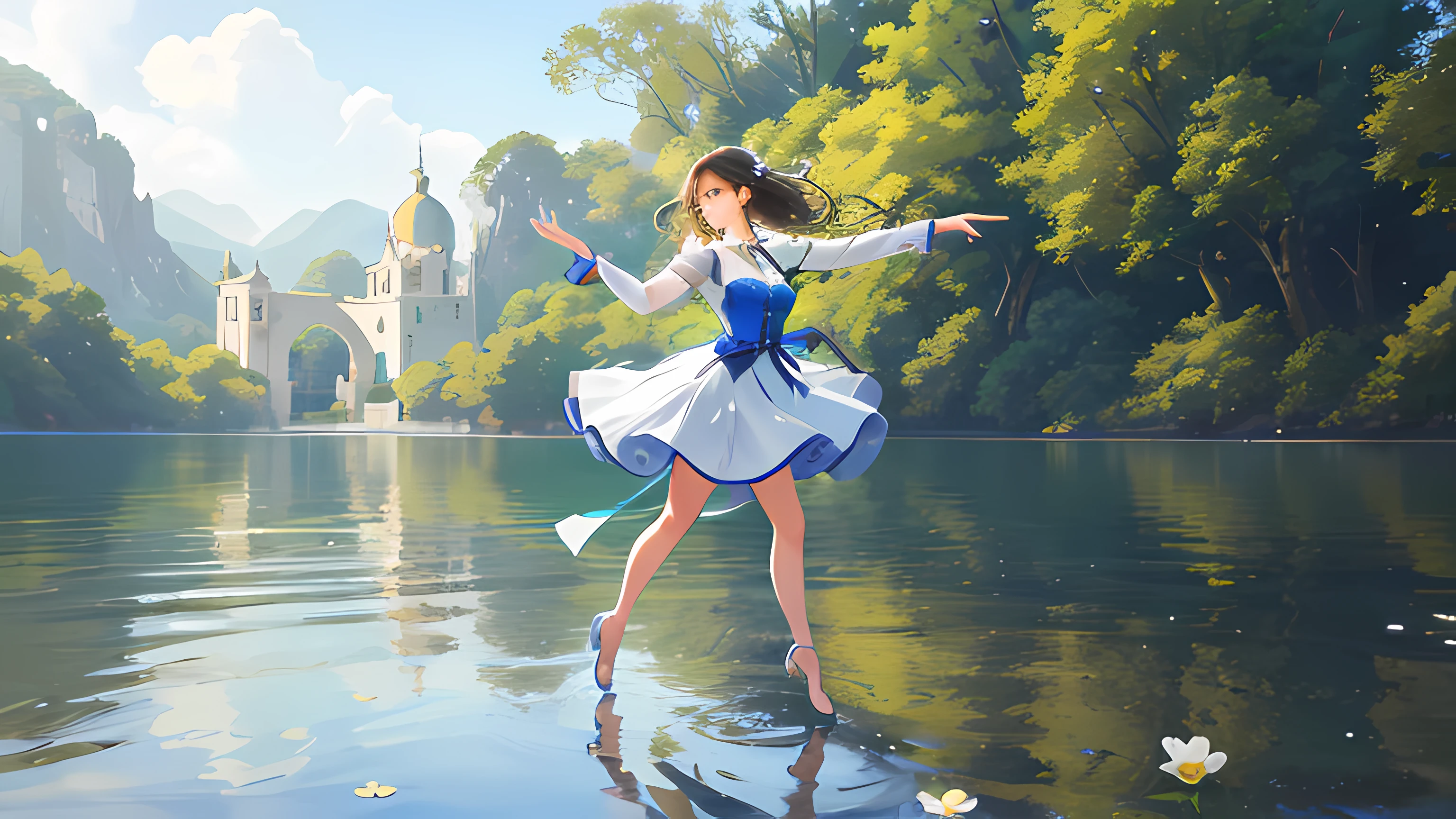 hyper-high detail，Cinematic level，Surreal idyllic - dancing girl，Dance to the mercy on the green grass，Green grass arrangement，The water in the lake is clear，The flowers are in full bloom and extremely brightly colored，Soft light and depth of field add realism，Appealing surreal style，Precise ray tracing，No markup watermark。