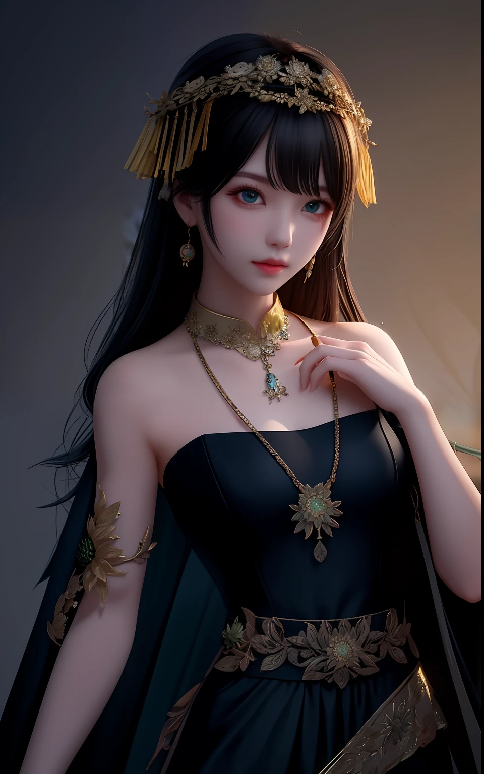 An anthropomorphic sunflower，The style is high and cold。She has long green hair，The hair is inlaid with tiny sunflowers。Her eyes are bright golden yellow，The eyes are cold and sharp。She wore a gorgeous black dress，It has a twinkling sunflower pattern on it。She held a cold sword in her hand，The sword is wrapped with vines，On the tip of the sword there is a pattern of sunflower flowers。It is surrounded by cold mountain peaks and snow-covered scenery。