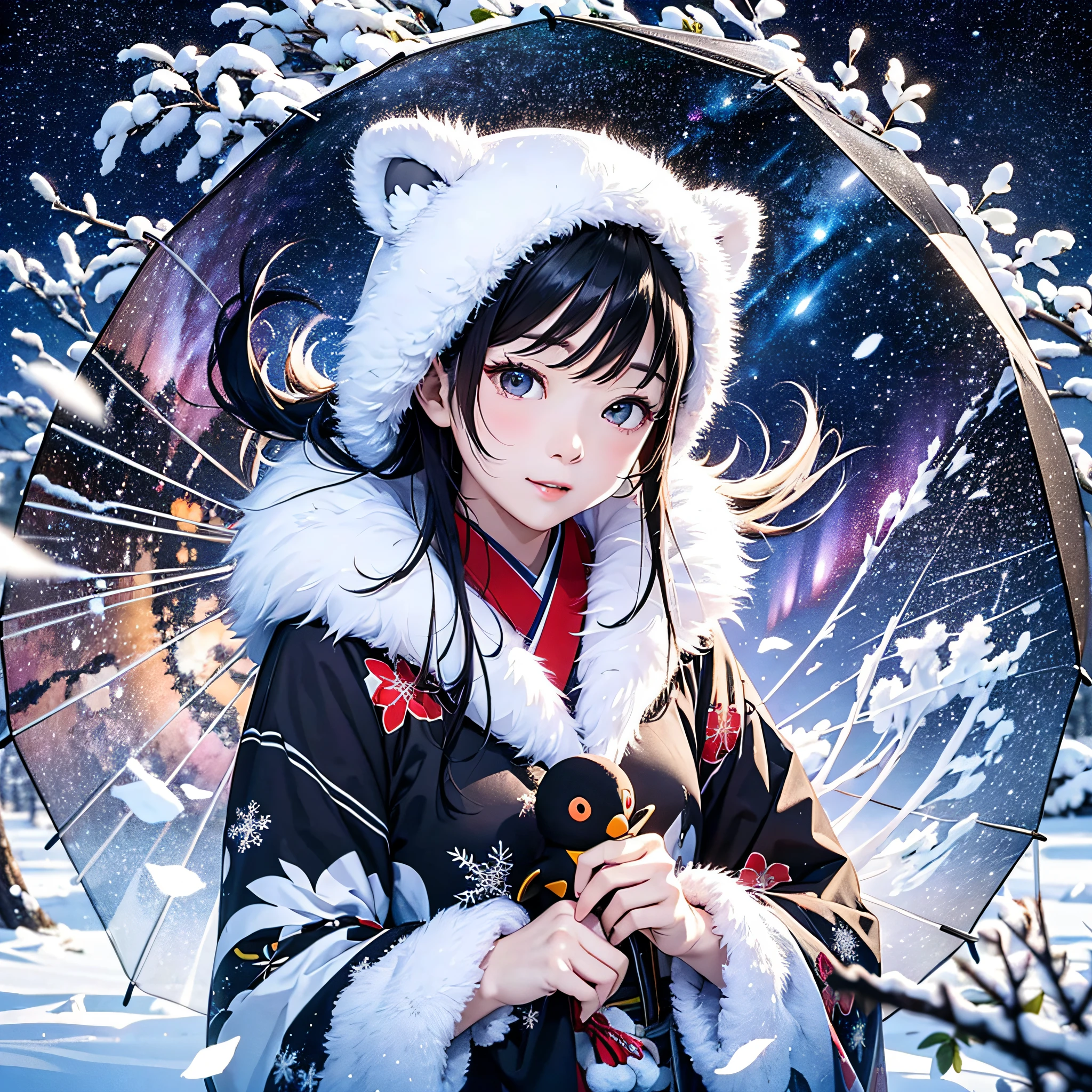 Arctic Circle、drift ice、１with animal１a person、White bear with long black hair and snowflake-shaped hair ornament and beautiful snow woman talking on drift ice、Red Japanese umbrella、White Japanese Clothing、penguin、White Nights、Aurora、Stars of the Galaxy々、milkyway、​masterpiece、realisitic。Photorealsitic