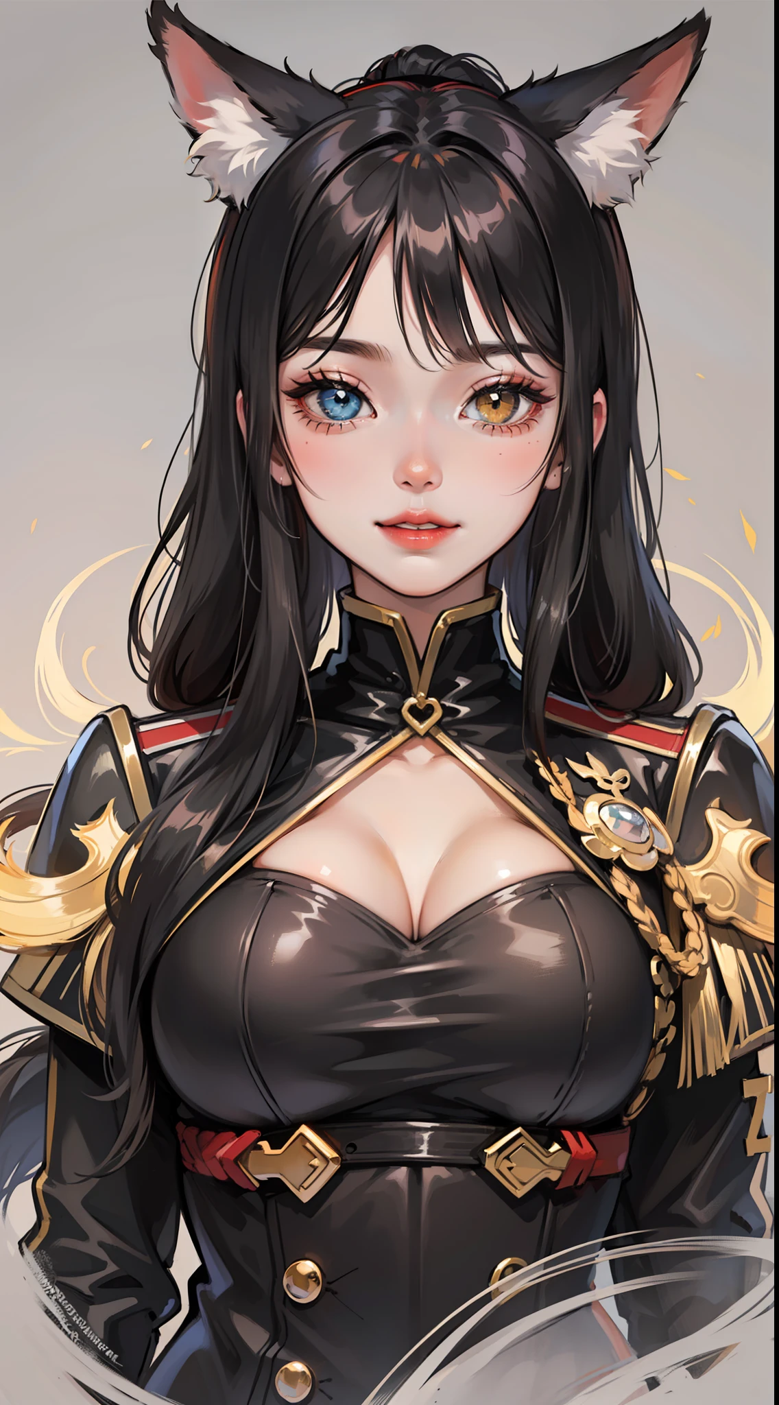 Adult woman, Long black hair, high ponytail, fox ears, Foxtail, Heterochromia, The left eye is yellow, Red right eye, Combat uniform, ssmile, Masterpiece, hiquality