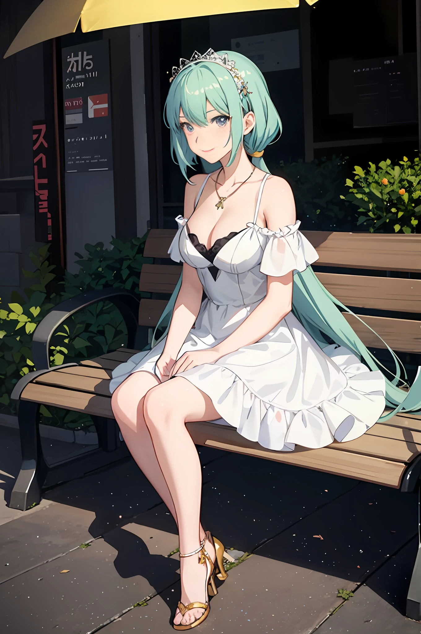 Anime girl sitting on bench in white dress wearing necklace, seductive anime girls, beautiful and seductive anime woman, Smooth anime CG art, cute anime waifu in a nice dress, Beautiful anime girl, attractive anime girls, Beautiful anime woman,  in dress, cleavage, Detailed digital anime art, Anime goddess, cute elegant pose, [ 4 K digital art ]!!