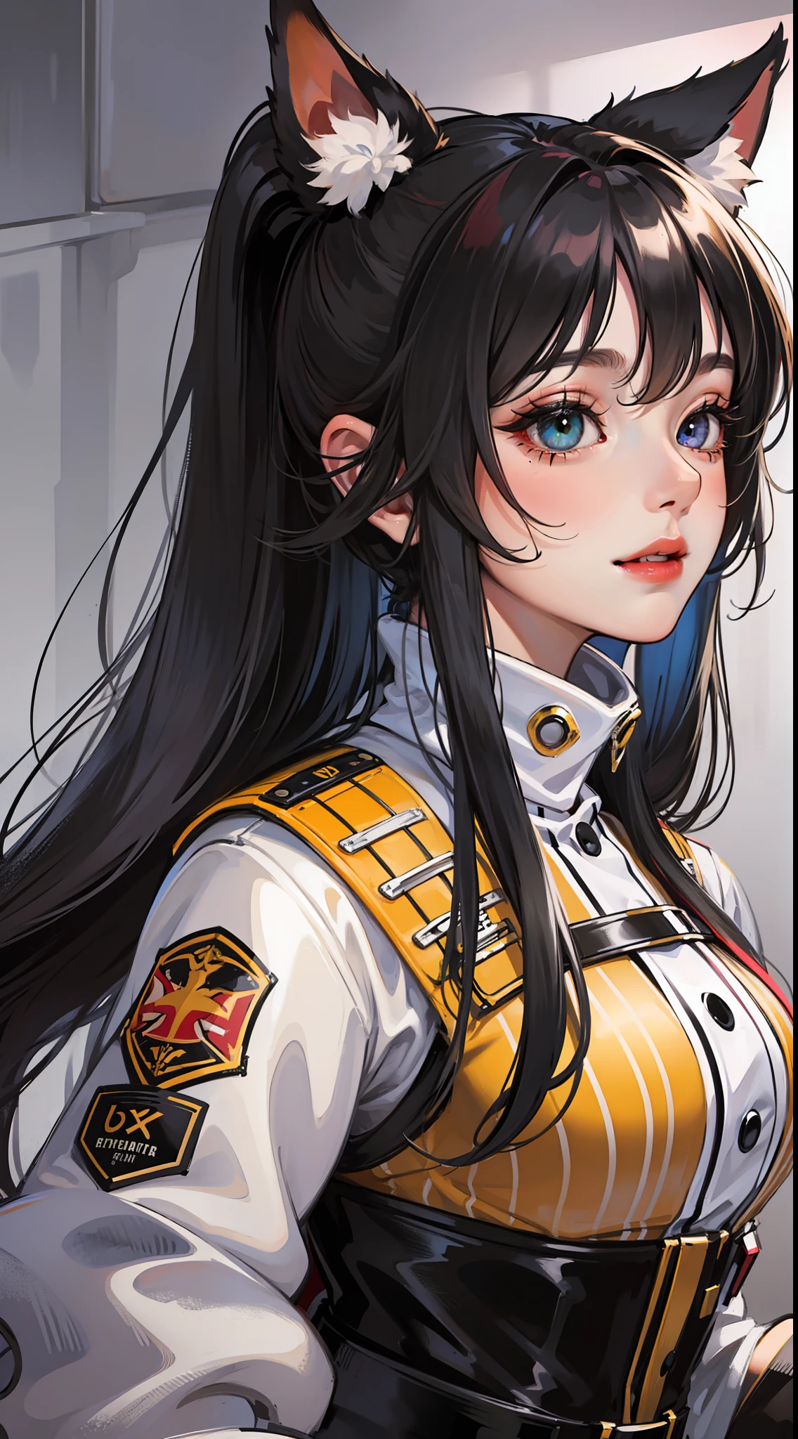 Adult woman, Long black hair, high ponytail, fox ears, Foxtail, Heterochromia, The left eye is yellow, Red right eye, Combat uniform, ssmile, Masterpiece, hiquality
