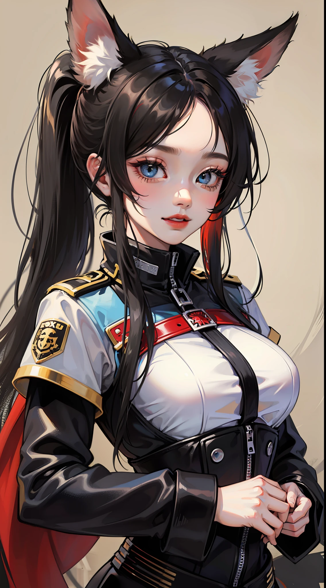 Adult woman, Long black hair, high ponytail, fox ears, Foxtail, Heterochromia, The left eye is yellow, Red right eye, Combat uniform, ssmile, Masterpiece, hiquality