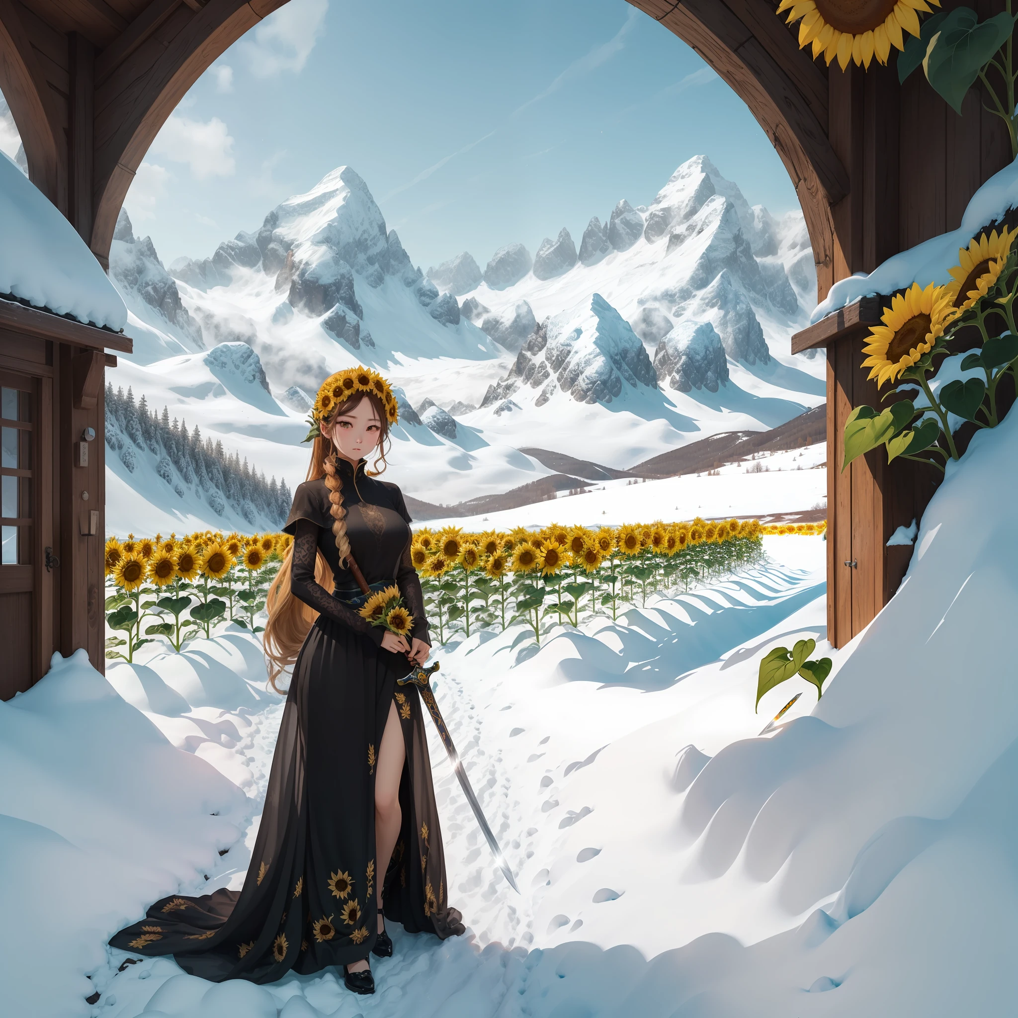 An anthropomorphic sunflower,The style is high and cold。She has long green hair,The hair is inlaid with tiny sunflowers。Her eyes are bright golden yellow,The eyes are cold and sharp。She wore a gorgeous black dress,It has a twinkling sunflower pattern on it。She held a cold sword in her hand,The sword is wrapped with vines,On the tip of the sword there is a pattern of sunflower flowers。It is surrounded by cold mountain peaks and snow-covered scenery。 --auto