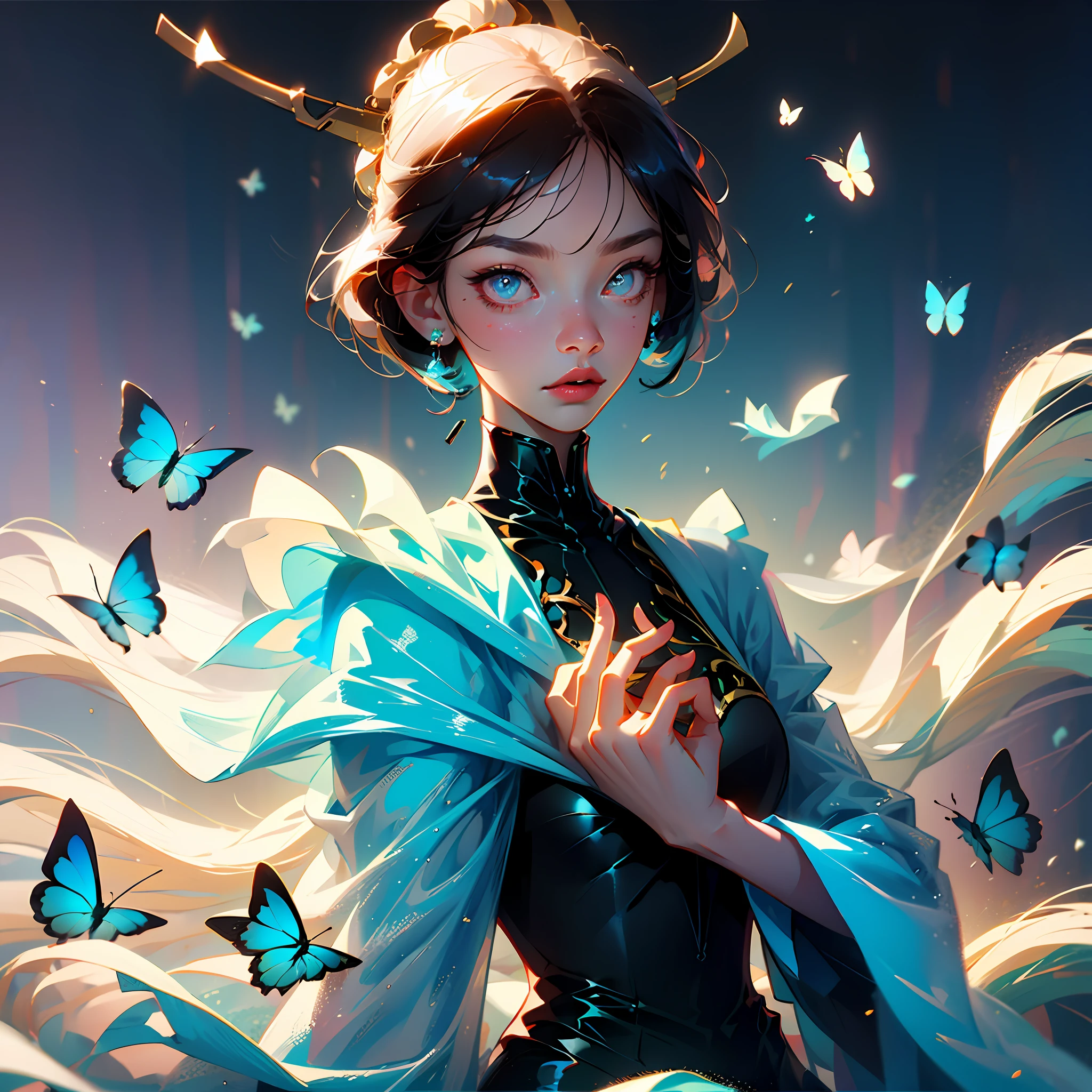 1 girl short hair blue gradient hair light blue pupils butterfly hairpin half body white background happy --auto