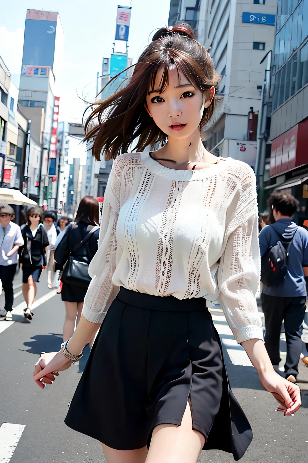 1girl、Streets of Tokyo、natta、A city scape、city light、full bodyesbian、a closeup、8k、RAW Photography、top-quality、​masterpiece、realisitic、Photorealsitic、Skirts twisted by the wind、