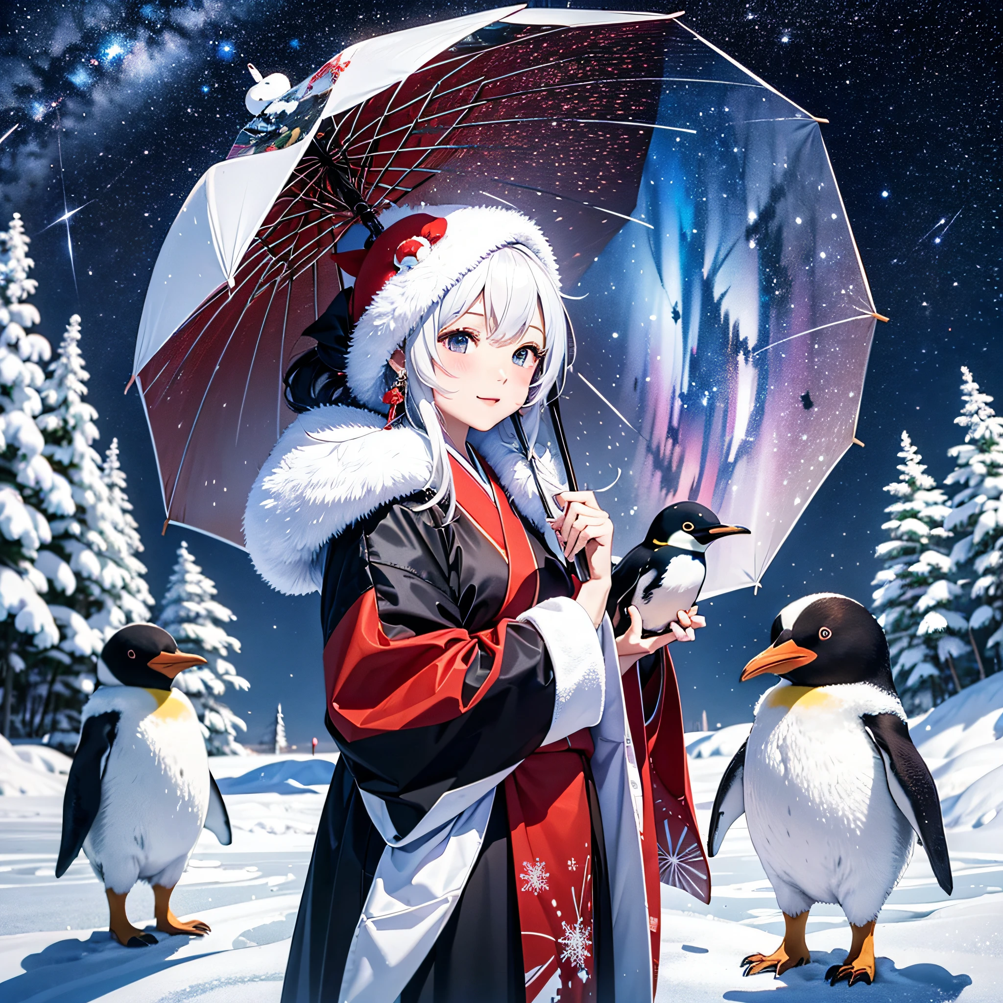 Arctic Circle、drift ice、１with animal１a person、White bear with long black hair and snowflake-shaped hair ornament and beautiful snow woman talking on drift ice、Red Japanese umbrella、White Japanese Clothing、penguin、White Nights、Aurora、Stars of the Galaxy々、milkyway、​masterpiece、realisitic。Photorealsitic