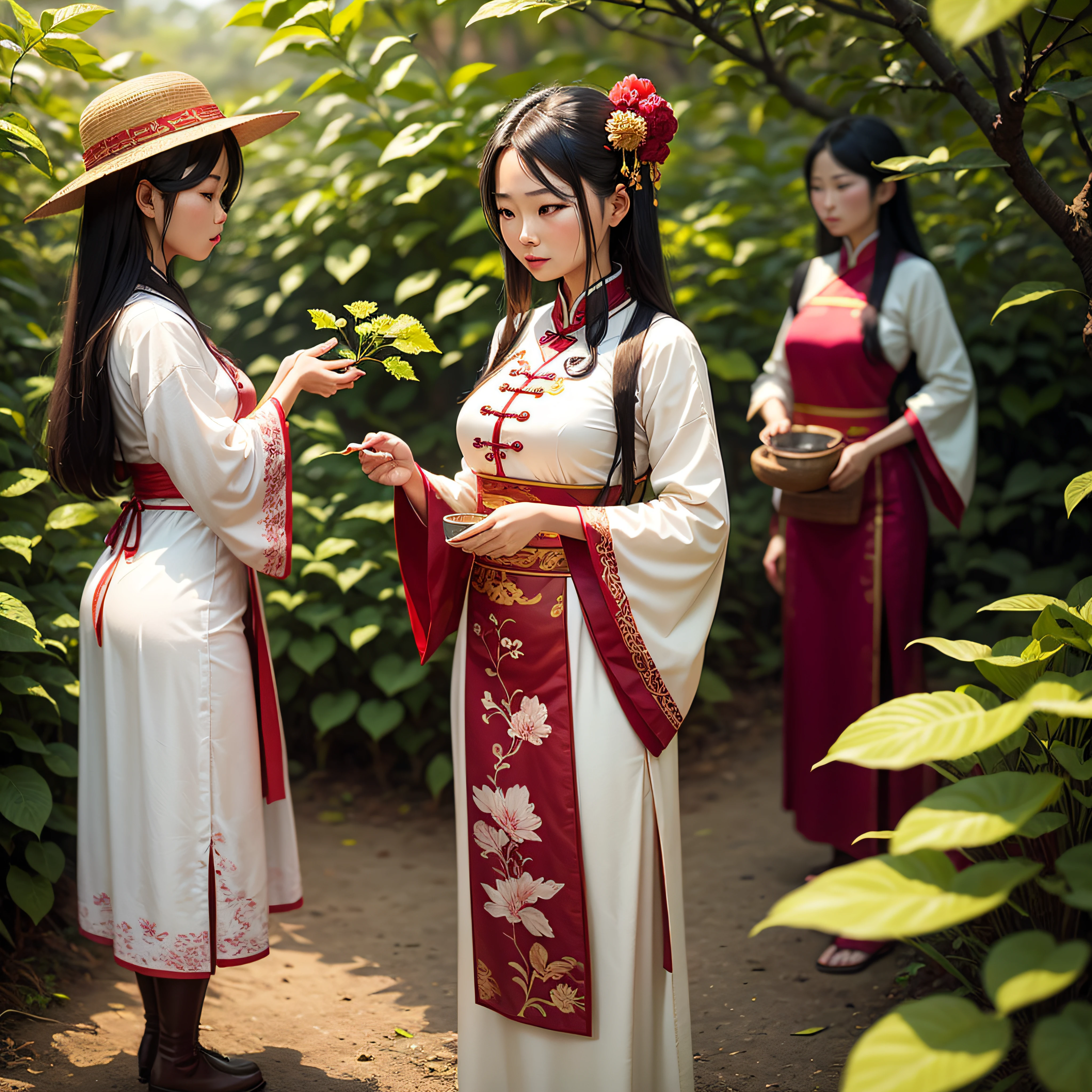 Woman in colorful national costume,Tea picking、 traditional tai costume, Chinese women, traditionalcostumes, Chinese woman, Chinese traditional, wearing authentic attire, Traditional clothing, Traditional Chinese clothing, inspired by Miao Fu, Traditional beauty, Chinese girl, traditional garb, vibrant and vivid, Background: assam tea garden, Wearing traditional attire --auto