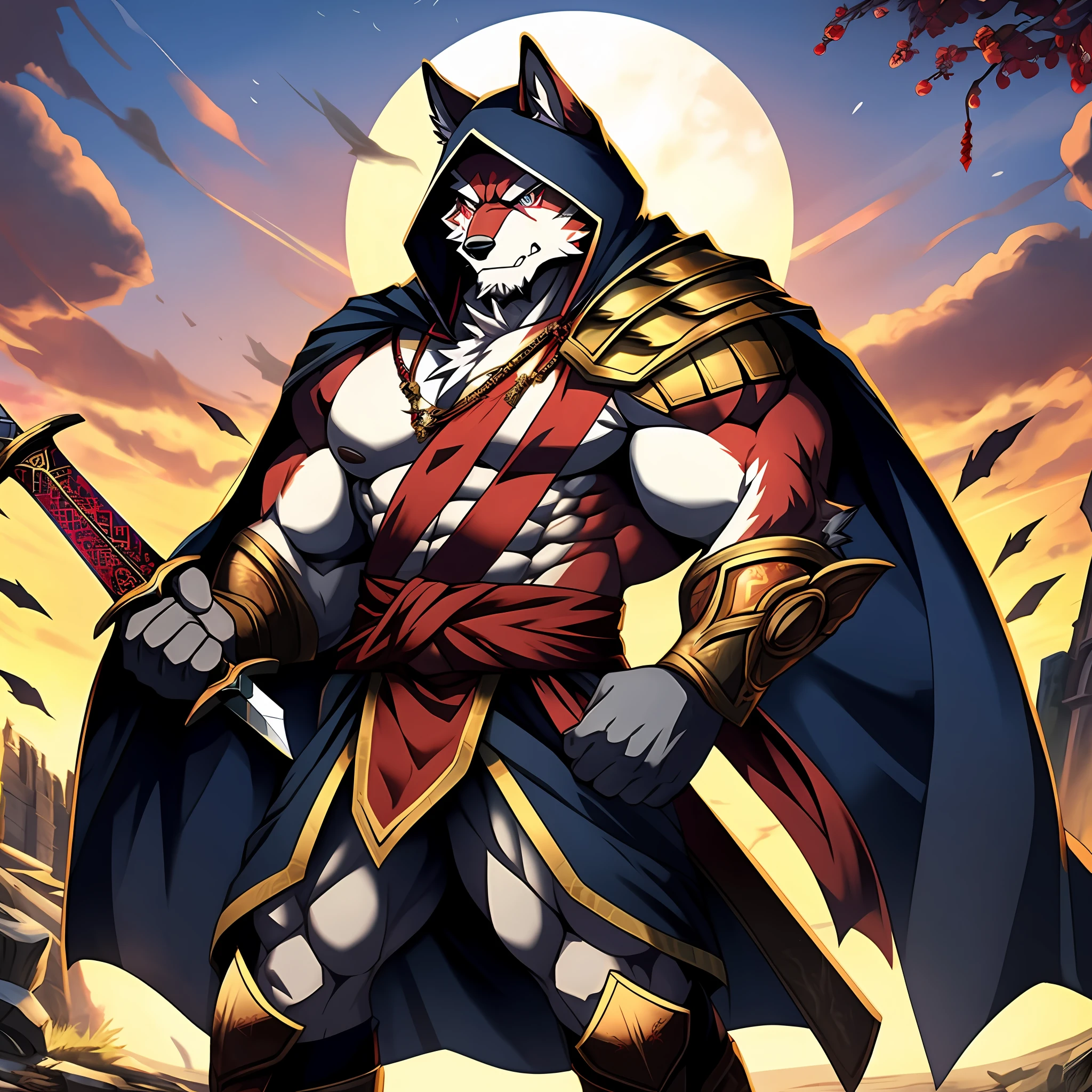 (at dusk at golden hour,One has crimson fur、Muscular red werewolf standing on the battlefield),A melancholy expression appeared on his face,(He wore ancient Chinese general armor),Sword in hand,The armor is tattered,Glaring ahead,Two bites of a cherry,He was a great general a thousand years ago,There is a visible scar on the right eye,dynamicposes(由Null-Ghost:0.5),tmasterpiece,Hood cloth,Handsome,Strong,Muscle men,The crotch is raised
