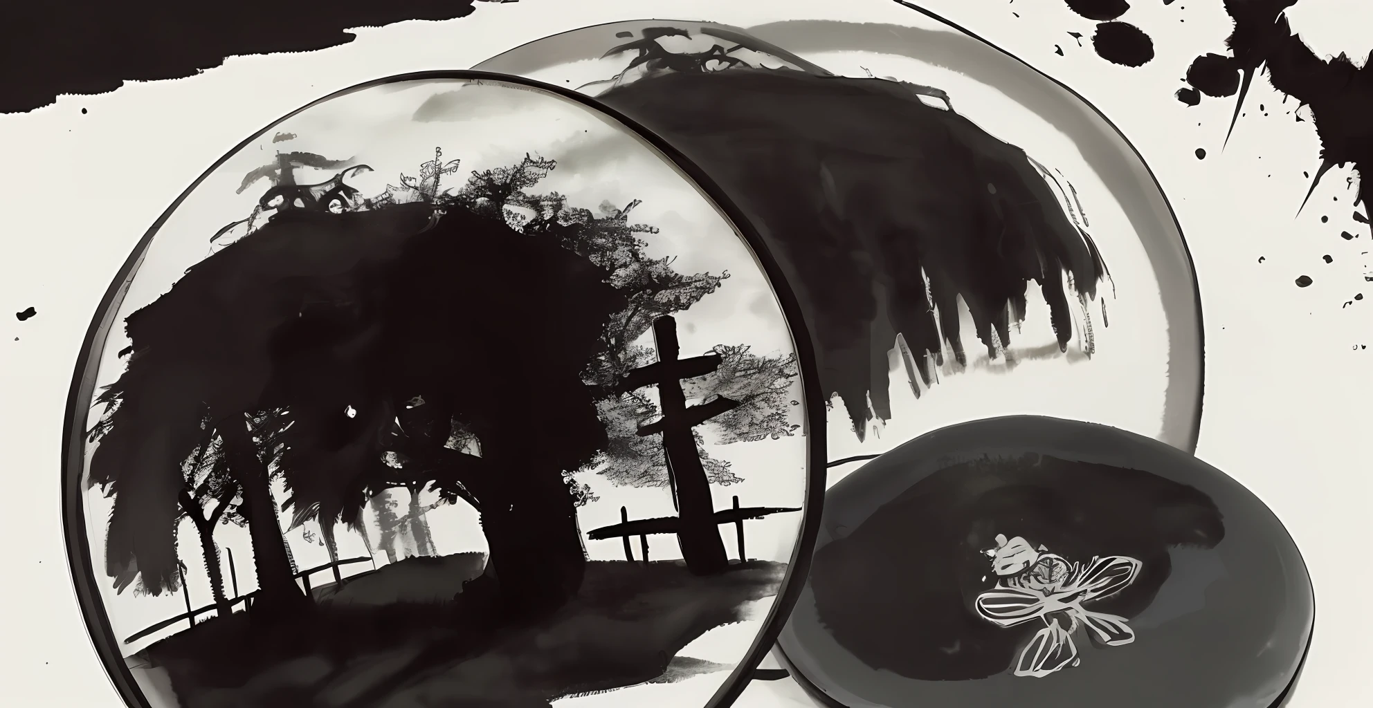 Vertical ink black and white landscape painting，It is printed with a hairy inscribed seal