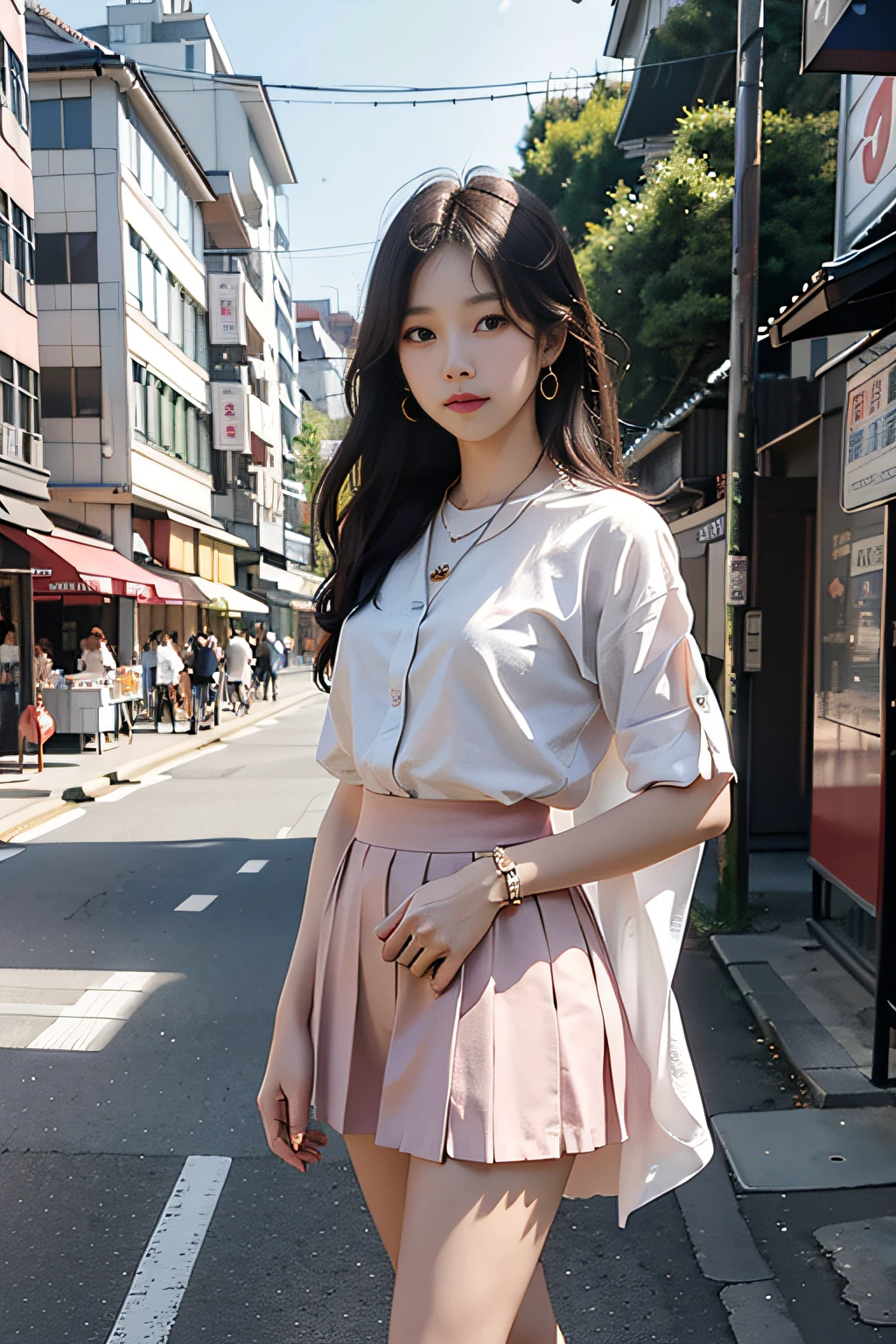 1girl、Streets of Tokyo、natta、A city scape、city light、full bodyesbian、a closeup、8k、RAW Photography、top-quality、masterpiece、realisitic、Photorealsitic、Skirts twisted by the wind、