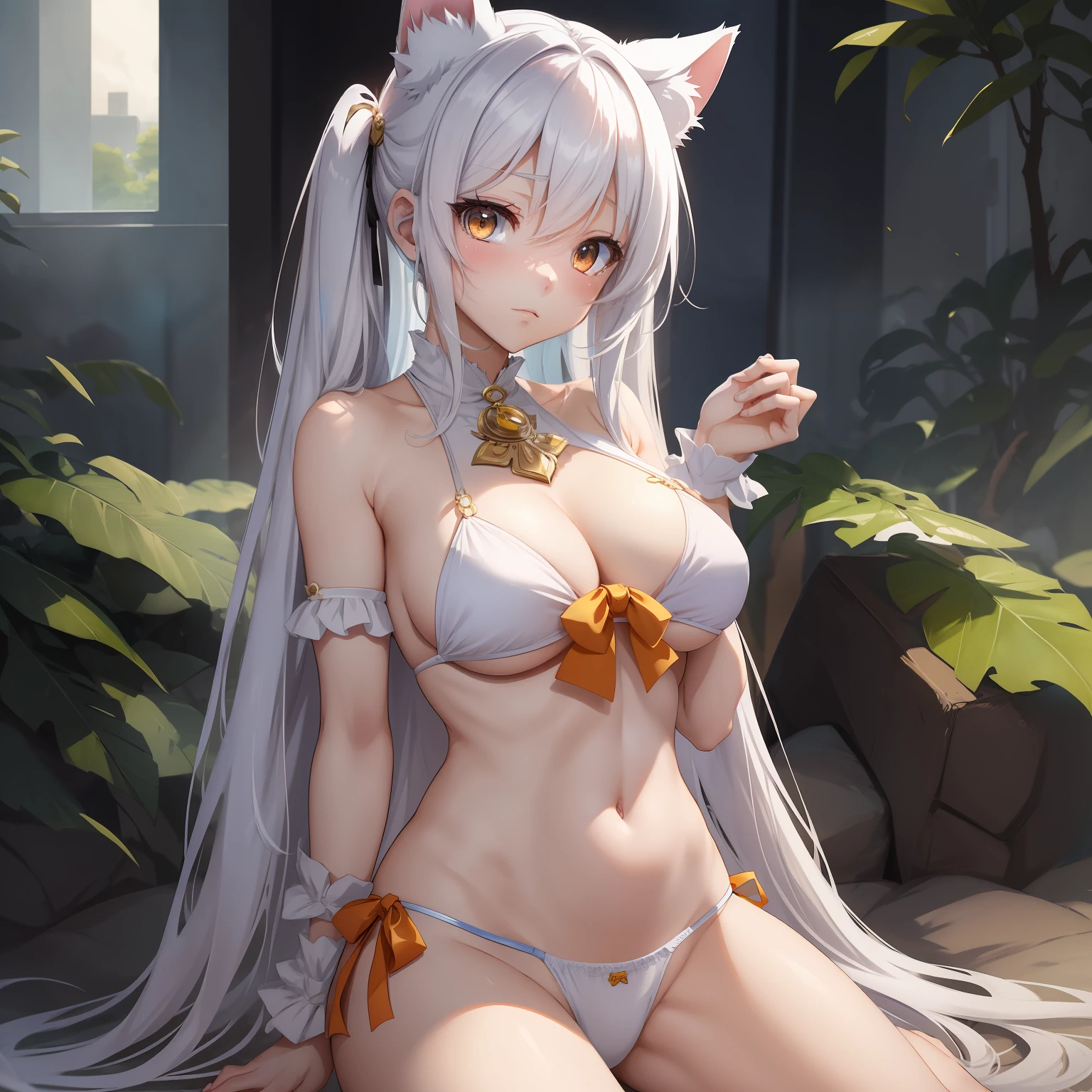 (style of anime+Need)，Ultra skirt+quadratic element，adolable+sprout+Lori ???????????? cleavage，white skinned+long whitr hair+blue color eyes，full bodyesbian+Side Body+Turn your head and turn your face，Beast Girl+beast ear，Anterior convex and posterior，?????????? are worn，is shy，solo person，Brace your hands on the ground，Kneeling on both knees，nakeness，nakeness，nakeness，Female ??????? exposure，Bigchest，Small man's waist，????? efflusion，Wrumble，Wear only white ????????? and panties，Cat lady --auto