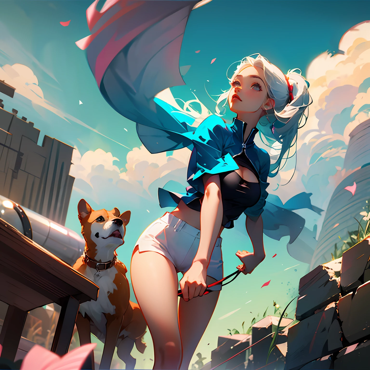 one-girl,Walking the dog,ran ,anime big breast,silber hair,Look up at the camera --auto