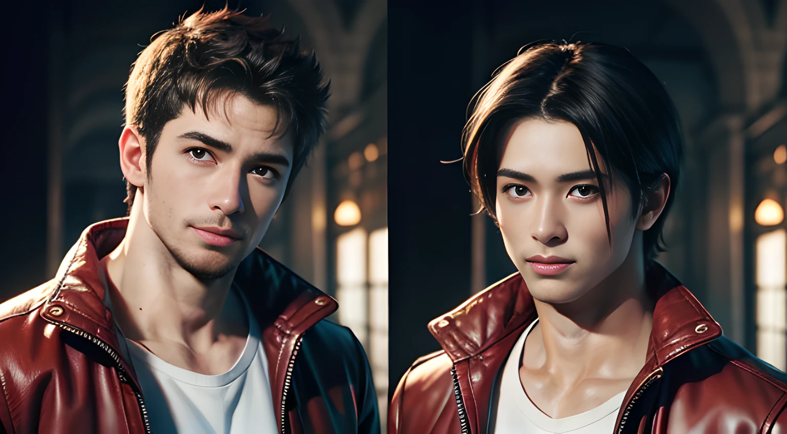 (both of them are men), (head shot), (only face), (Two male gay handsome muscular men in his 20's wearing red leather jackets), They resemble Chris Redfield from Resident Evil, Mischievous smile, (detaile: 1 in 1), Natural muscles, HIG quality, beautidful eyes, (Detailed face and eyes), (Face、: 1 / 2), Noise, Real Photographics、... .......................................PSD, Sharp Focus, High resolution 8K, realisitic & Professional Photography, 8K UHD, Soft lighting, High Quality, Film grain, FUJI XT3