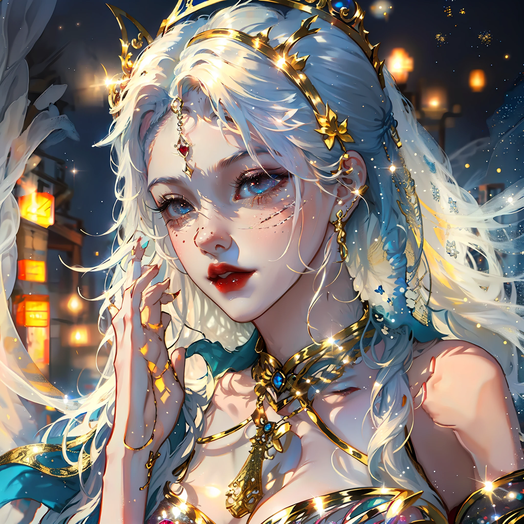 White hair，pigtails，tmasterpiece，great clarity，succubi，Be red in the face，Pure，Dancer，Best quality at best，Glittering accessories，pendant，Gold tiara