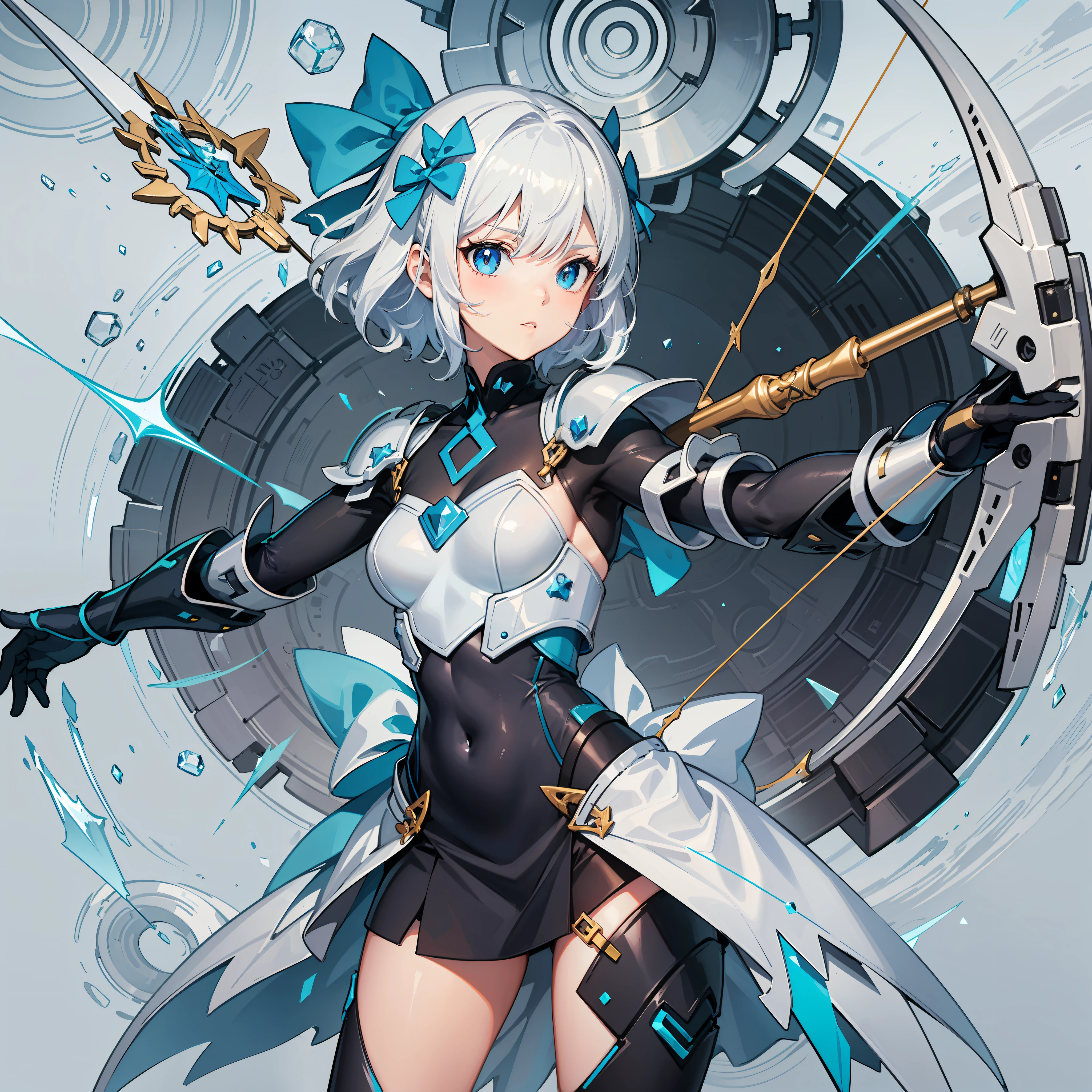 A girl with short white hair wearing mechanical armor and holding a bow and arrow，legs focus，Left-handed redraw，The bow and arrow were repainted，Add white stockings，Everything else remains unchanged，Add ice crystals to the background，The expression is more cute，Blue accents have been added to the shoulder armor，Blue-gold bow arms were added to the bow and arrow，Add blue accents to the abdomen