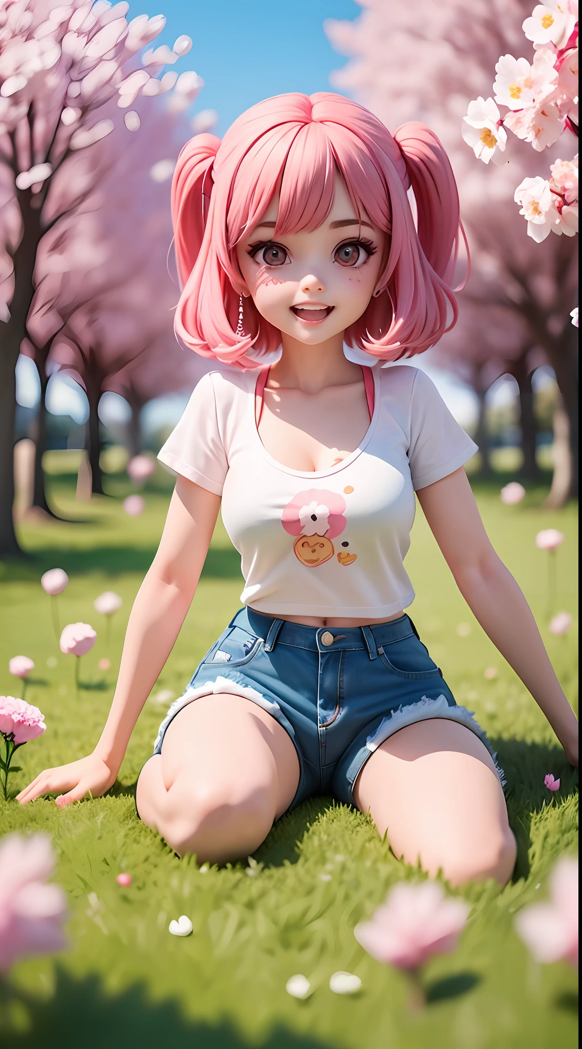 teens girl,denim short,Denim short sleeves,whitet-shirt,A pink-haired,largeeyes,Background spring,Flowers all over the ground,the cherry trees,((Best picture quality, 8K, tmasterpiece:1.3)),Playful expression,Dynamic action,(Head-to-body ratio of 1/2:1.3)fleshy legs