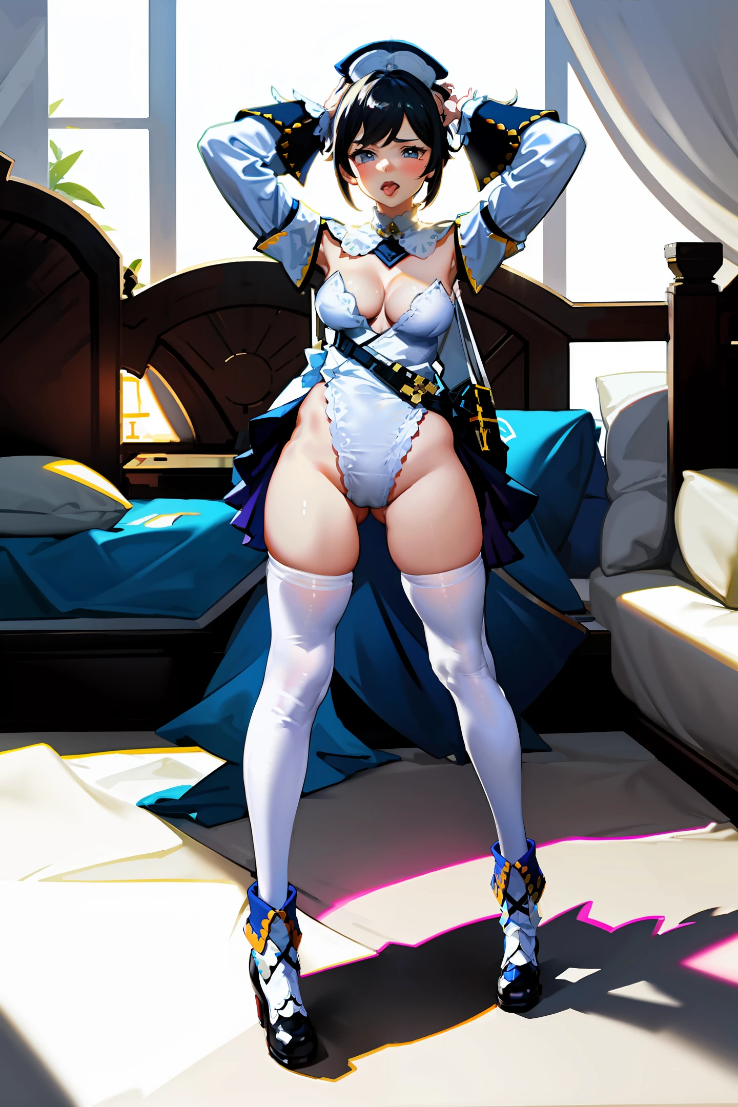 tmasterpiece，Best quality，a picture，A  girl in white stockings，huge tit，Tight clothing，on top of the bed，petite，Raise your ass，Roll your eyes upwards，Mouth open，Stick out your tongue，There is love in the eyes，Hold your head with your arms behind your head，squatt，No bras，No panties，Raised