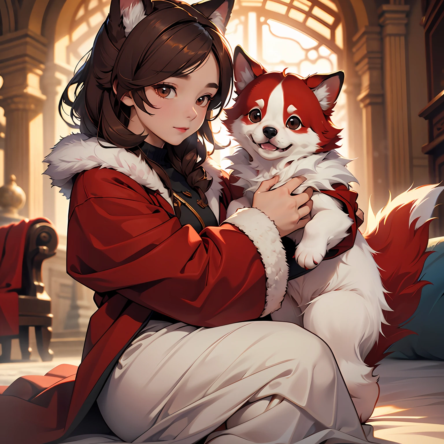 The white furry nine-tailed fox has a red-eyed tail，Breastfeeding in the snow。 --auto