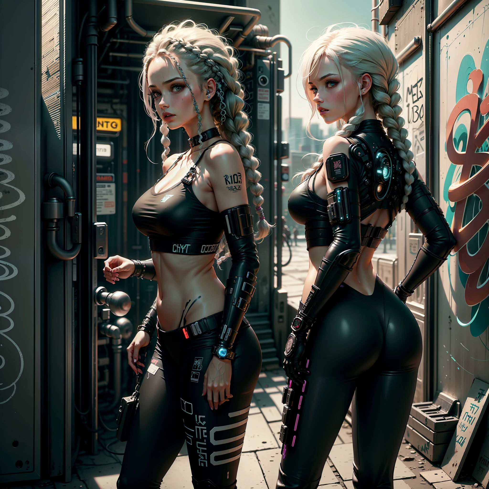 Girl with braids, Girl with long hair braids, hip hop style, Password dance, Big city with white hair, Graffiti wall in background, hyper realisitc, hyper HD, 16k, natural soft light, Masterpiece - Imagine cyberpunk --auto