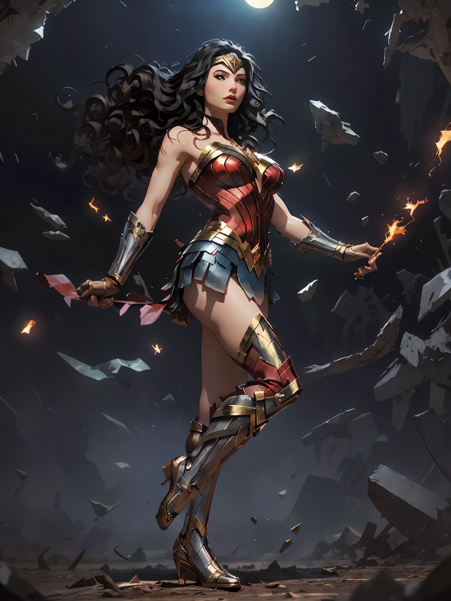 high quality, realistic, official art, unity 8k wallpaper, ultra detailed, beautiful and aesthetic, masterpiece, best quality, 1girl, extremely detailed, dynamic angle, full body, the most beautiful form of chaos, elegant, a brutalist designed, vivid colours, romanticism, atmospheric, wonder woman, breasts, looking at viewer, black hair, brown eyes, dynamic pose, illustration by amano yoshitaka,