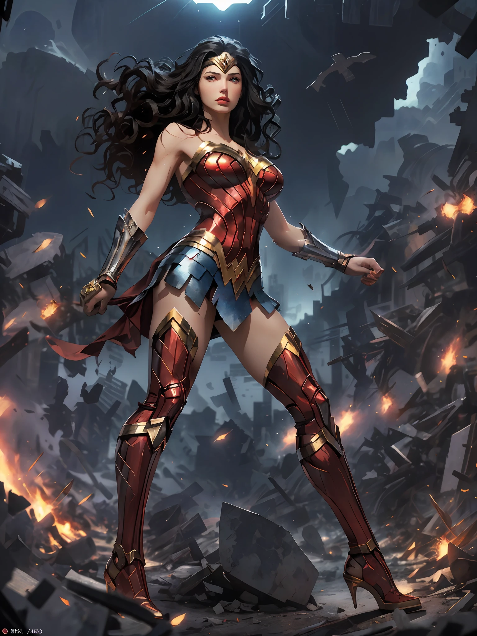 high quality, realistic, official art, unity 8k wallpaper, ultra detailed, beautiful and aesthetic, masterpiece, best quality, 1girl, extremely detailed, dynamic angle, full body, the most beautiful form of chaos, elegant, a brutalist designed, vivid colours, romanticism, atmospheric, wonder woman, breasts, looking at viewer, black hair, brown eyes, dynamic pose, illustration by amano yoshitaka,