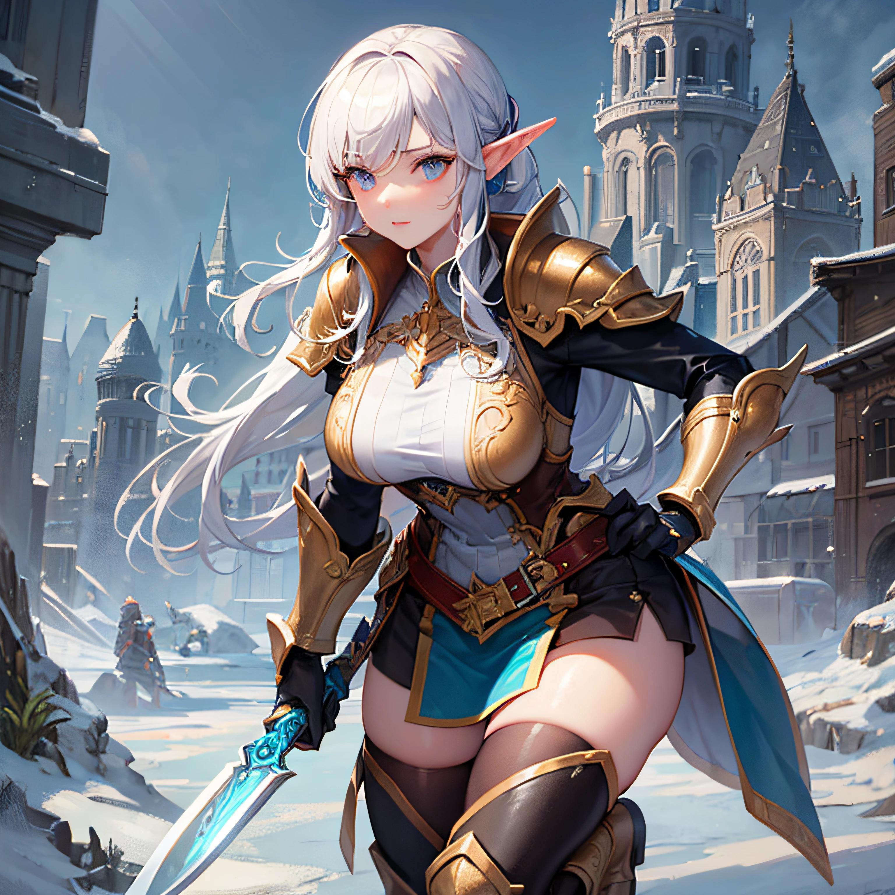 Elven female knight，Perfect slim body，Mature royal sister face，Double ponytail curls，Knight armor，Sensual and alluring，Refined looks，Full body like，4K quality，Feminine expression，is shy，Star-like deep eyes，large tities，A short skirt，Knife pulling posture。Large bust，Fight Warcraft，speed-line，Best quality at best，tmasterpiece，Magnificent background，On the battlefield，Rags