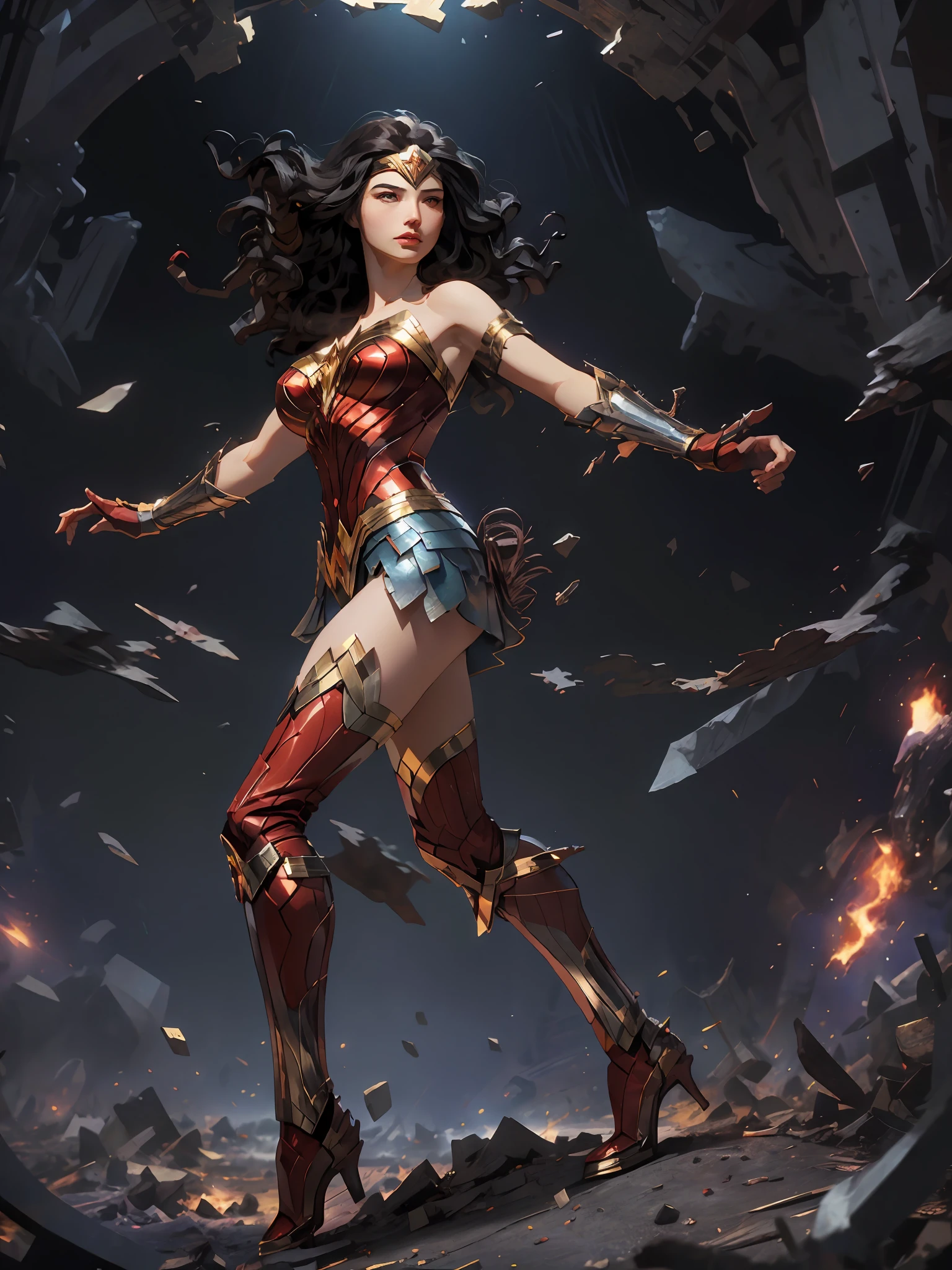 high quality, realistic, official art, unity 8k wallpaper, ultra detailed, beautiful and aesthetic, masterpiece, best quality, 1girl, extremely detailed, dynamic angle, full body, the most beautiful form of chaos, elegant, a brutalist designed, vivid colours, romanticism, atmospheric, wonder woman, breasts, looking at viewer, black hair, brown eyes, dynamic pose, illustration by amano yoshitaka,