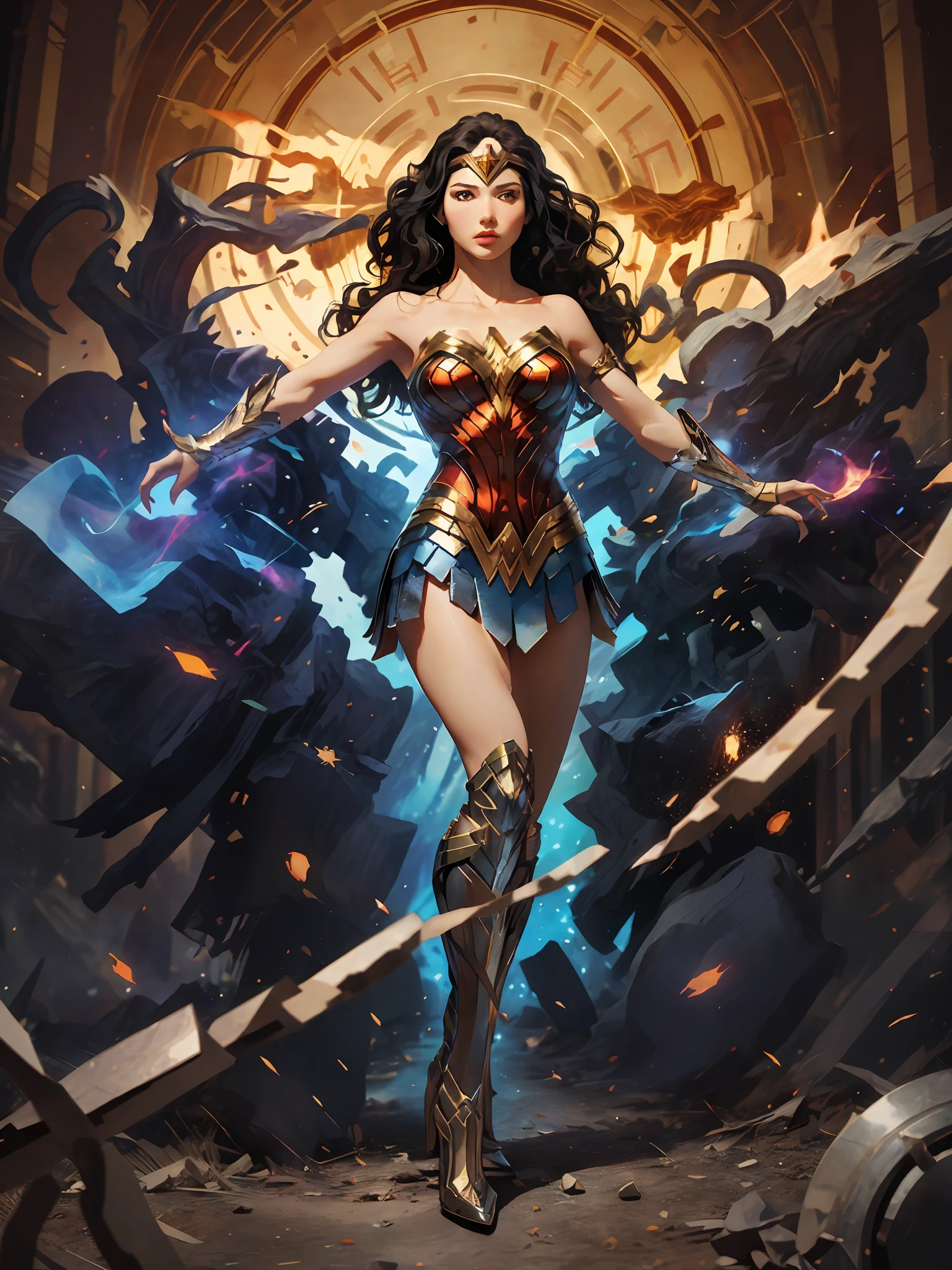 high quality, realistic, official art, unity 8k wallpaper, ultra detailed, beautiful and aesthetic, masterpiece, best quality, 1girl, extremely detailed, dynamic angle, full body, the most beautiful form of chaos, elegant, a brutalist designed, vivid colours, romanticism, atmospheric, wonder woman, breasts, looking at viewer, black hair, brown eyes, dynamic pose, illustration by amano yoshitaka,