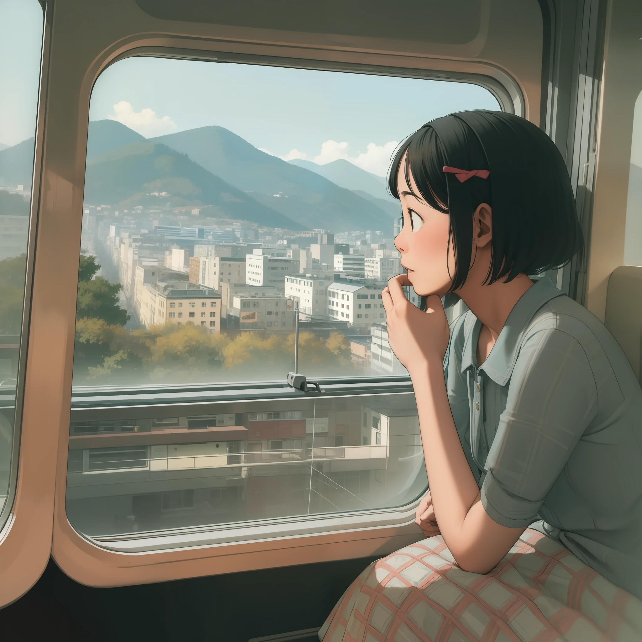 top-quality、Masterpiece、A woman is sitting on the windowsill on a nostalgic train。Retro posters and advertisements in the car in the background、The camera captures the scenery outside through the window。With her longing gaze、The joy of enjoying an unfamiliar scenery is transmitted.。