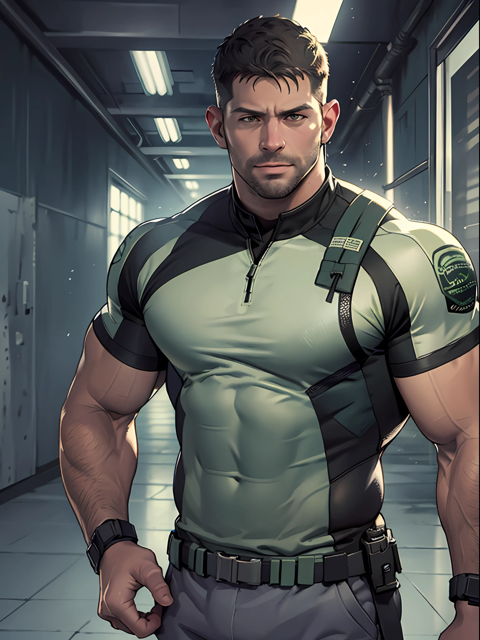 1 man, solo, 35 year old, Chris Redfield, wearing grey T shirt, smirks, green color on the shoulder and a bsaa logo on the shoulder, millitary tactical suit, tall and hunk, biceps, abs, chest, best quality, masterpiece, high resolution:1.2, upper body shot, dark black gloomy hallway in the background, detailed face, shadow, volumetric lighting, upper body shot, low camera angle